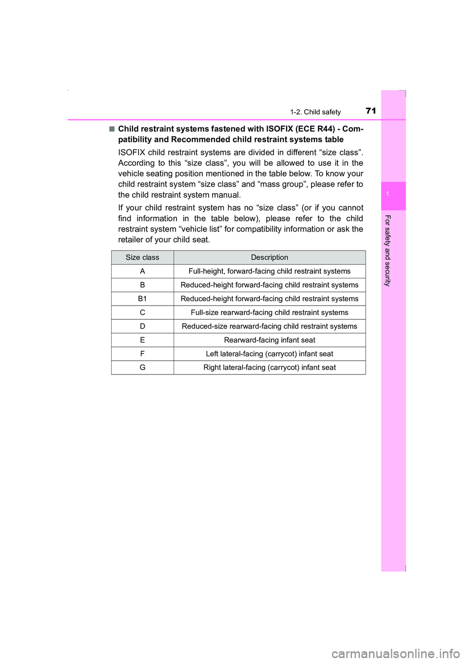 TOYOTA AVENSIS 2015 Manual PDF 711-2. Child safety
1
AVENSIS_OM_OM20C20E_(EE)
For safety and security
■Child restraint systems fastened with ISOFIX (ECE R44) - Com-
patibility and Recommended child restraint systems table
ISOFIX 