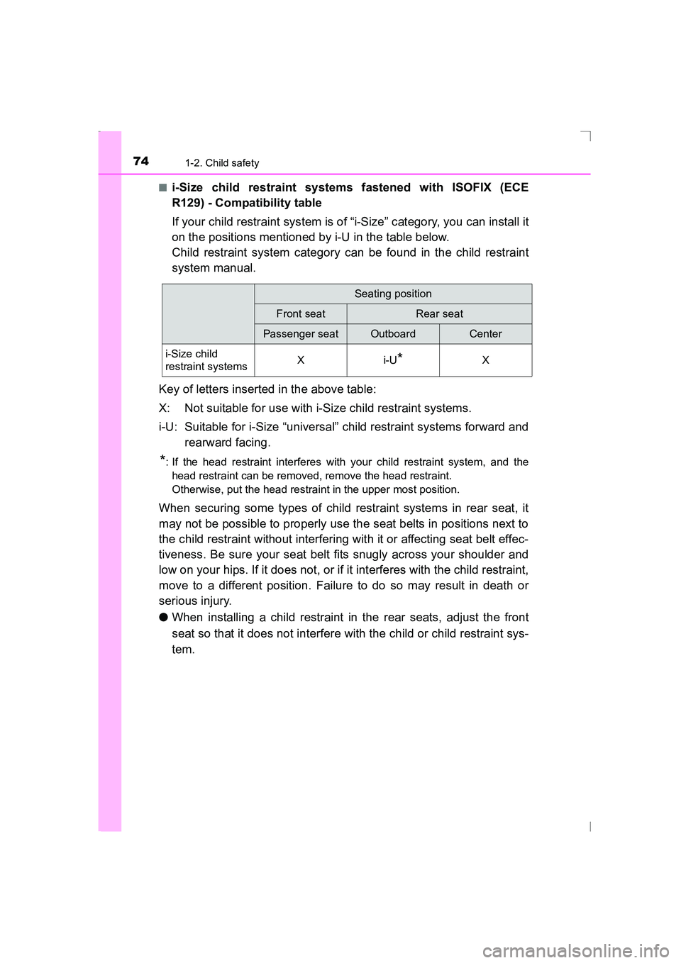 TOYOTA AVENSIS 2015 Manual PDF 741-2. Child safety
AVENSIS_OM_OM20C20E_(EE)■
i-Size child restraint systems fastened with ISOFIX (ECE
R129) - Compatibility table
If your child restraint system is of “i-Size” category, you can
