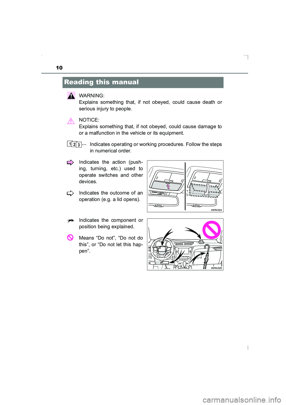TOYOTA AVENSIS 2015  Owners Manual 10
AVENSIS_OM_OM20C20E_(EE)
Reading this manual
WARNING: 
Explains something that, if not obeyed, could cause death or
serious injury to people.
NOTICE: 
Explains something that, if not obeyed, could 