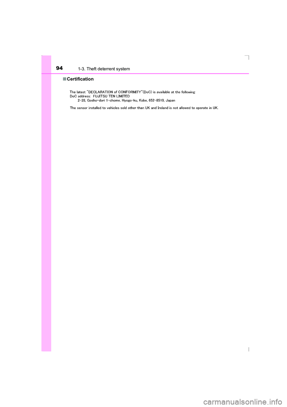 TOYOTA AVENSIS 2015 Owners Manual 941-3. Theft deterrent system
AVENSIS_OM_OM20C20E_(EE)■
Certification
AVENSIS_OM_OM20C20E_(EE).book Page 94 Thursday, January 29, 2 015 1:47 PM TOYOTA AVENSIS 2015 Owners Manual 941-3. Theft deterrent system
AVENSIS_OM_OM20C20E_(EE)■
Certification
AVENSIS_OM_OM20C20E_(EE).book Page 94 Thursday, January 29, 2 015 1:47 PM
