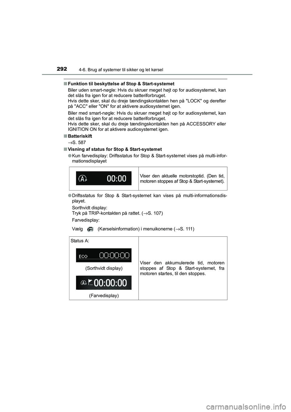 TOYOTA AVENSIS 2015 Brugsanvisning (in Danish) 2924-6. Brug af systemer til sikker og let kørsel
OM20C20DK
■Funktion til beskyttelse af Stop & Start-systemet
Biler uden smart-nøgle: Hvis du skruer meget højt op for audiosystemet, kan
det slå TOYOTA AVENSIS 2015 Brugsanvisning (in Danish) 2924-6. Brug af systemer til sikker og let kørsel
OM20C20DK
■Funktion til beskyttelse af Stop & Start-systemet
Biler uden smart-nøgle: Hvis du skruer meget højt op for audiosystemet, kan
det slå