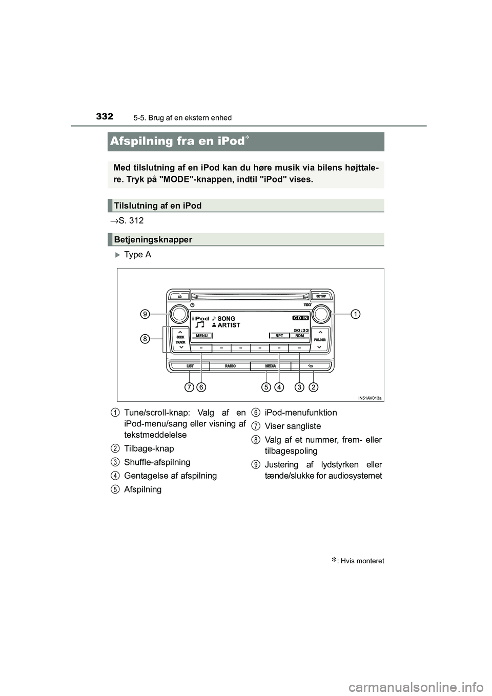 TOYOTA AVENSIS 2015  Brugsanvisning (in Danish) 3325-5. Brug af en ekstern enhed
OM20C20DK
Afspilning fra en iPod∗
→S. 312
�XTy p e  A
∗: Hvis monteret
Med tilslutning af en iPod kan  du høre musik via bilens højttale-
re. Tryk på "MODE"-k
