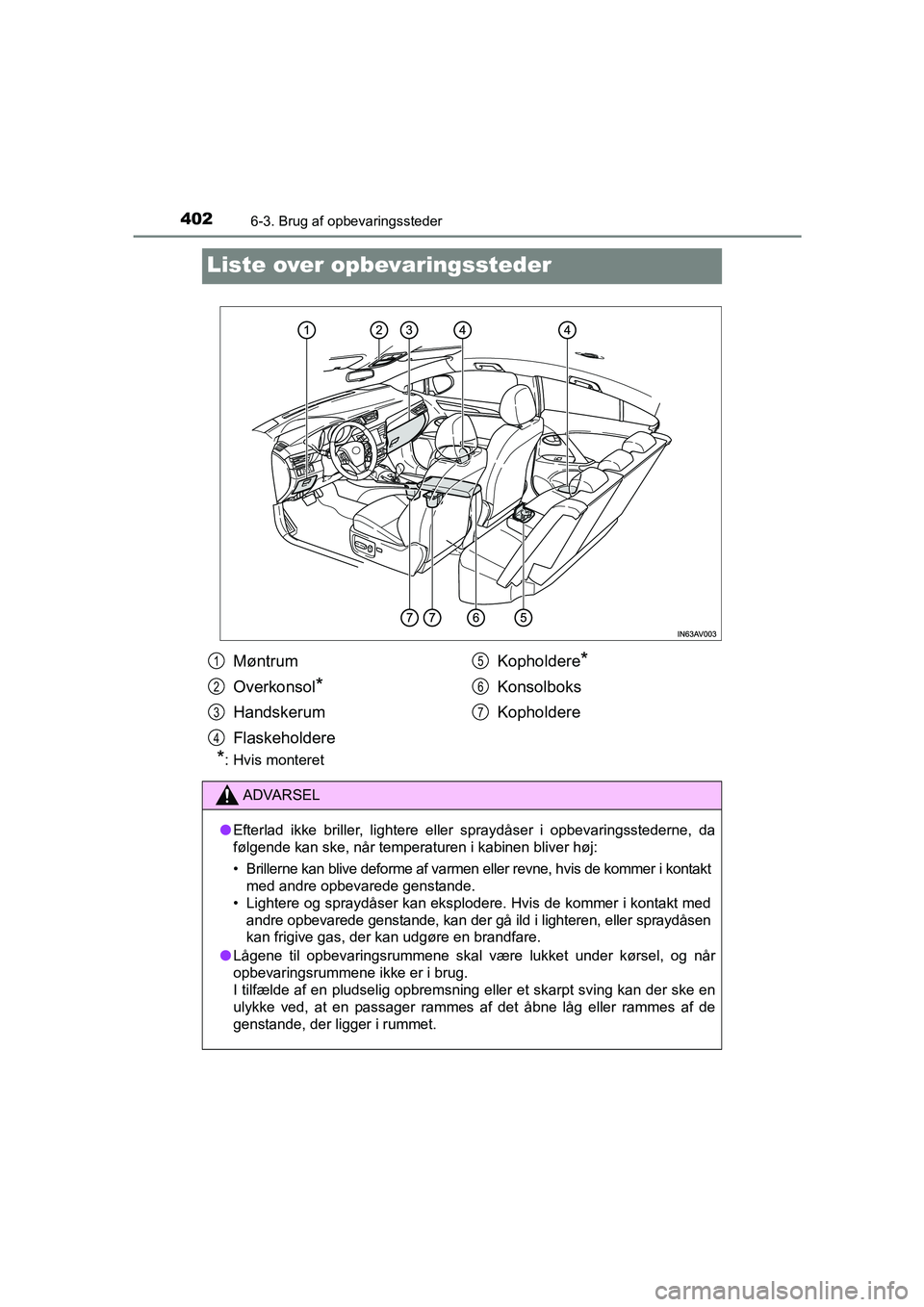 TOYOTA AVENSIS 2015  Brugsanvisning (in Danish) 4026-3. Brug af opbevaringssteder
OM20C20DK
Liste over opbevaringssteder
*: Hvis monteret
Møntrum
Overkonsol
*
Handskerum
FlaskeholdereKopholdere
*
Konsolboks
Kopholdere
ADVARSEL
●
Efterlad ikke br