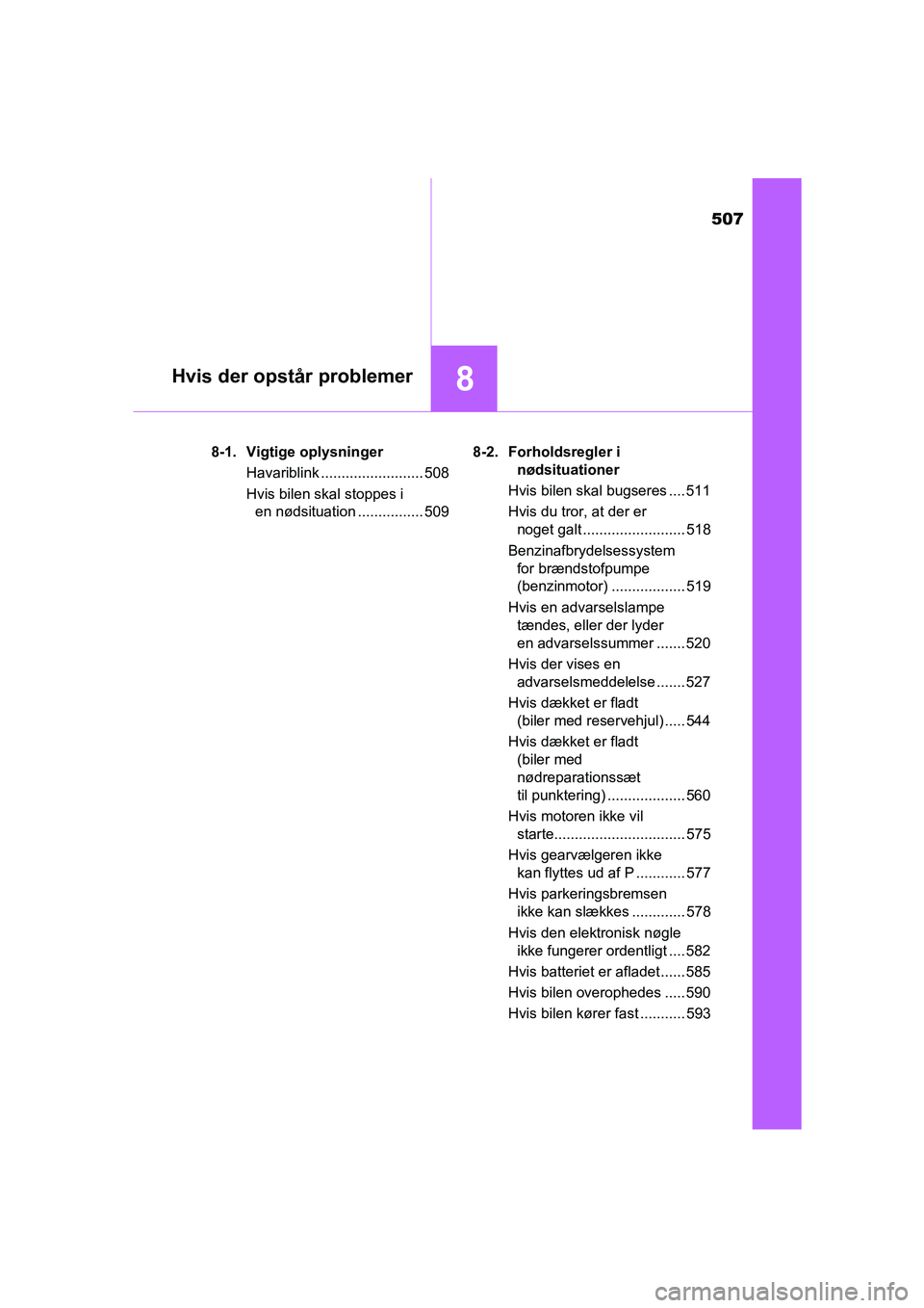 TOYOTA AVENSIS 2015 Brugsanvisning (in Danish) 507
8Hvis der opstår problemer
OM20C20DK8-1. Vigtige oplysninger
Havariblink ......................... 508
Hvis bilen skal stoppes i en nødsituation ................ 509 8-2. Forholdsregler i
nøds TOYOTA AVENSIS 2015 Brugsanvisning (in Danish) 507
8Hvis der opstår problemer
OM20C20DK8-1. Vigtige oplysninger
Havariblink ......................... 508
Hvis bilen skal stoppes i en nødsituation ................ 509 8-2. Forholdsregler i
nøds