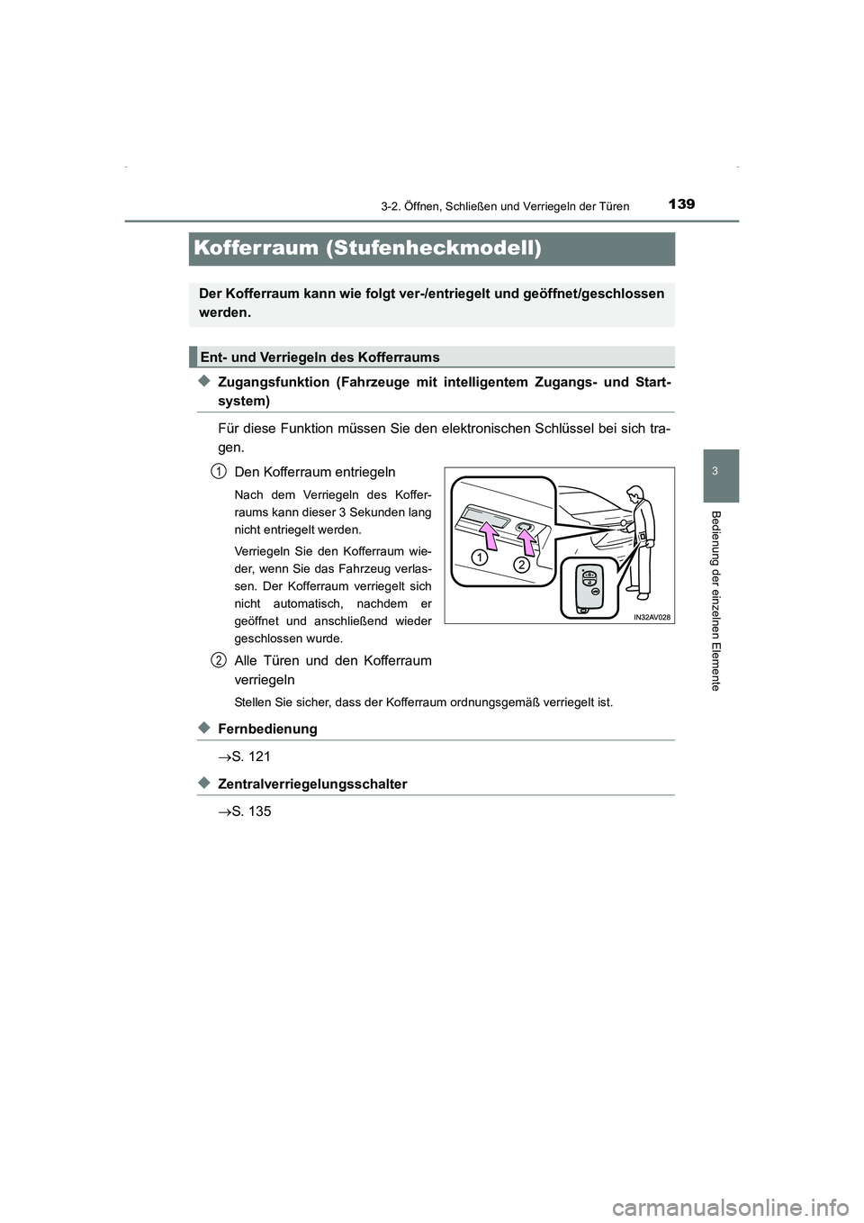 TOYOTA AVENSIS 2015  Betriebsanleitungen (in German) 139
3
3-2. Öffnen, Schließen und Verriegeln der Türen
Bedienung der einzelnen Elemente
AVENSIS_OM_OM20C22M_(EM)
Kofferraum (Stufenheckmodell)
◆Zugangsfunktion (Fahrzeuge mit intelligentem Zugangs