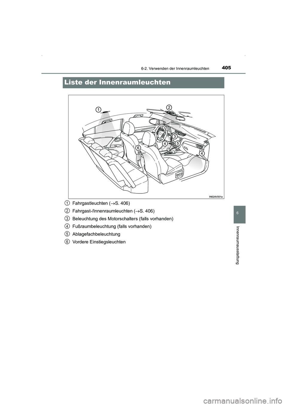 TOYOTA AVENSIS 2015 Betriebsanleitungen (in German) 4056-2. Verwenden der Innenraumleuchten
AVENSIS_OM_OM20C22M_(EM)
6
Innenraumausstattung
Liste der Innenraumleuchten
Fahrgastleuchten (→S. 406)
Fahrgast-/Innenraumleuchten ( →S. 406)
Beleuchtung de TOYOTA AVENSIS 2015 Betriebsanleitungen (in German) 4056-2. Verwenden der Innenraumleuchten
AVENSIS_OM_OM20C22M_(EM)
6
Innenraumausstattung
Liste der Innenraumleuchten
Fahrgastleuchten (→S. 406)
Fahrgast-/Innenraumleuchten ( →S. 406)
Beleuchtung de