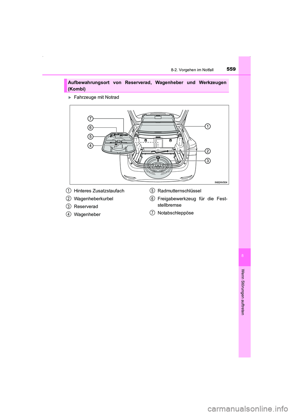 TOYOTA AVENSIS 2015  Betriebsanleitungen (in German) 5598-2. Vorgehen im Notfall
AVENSIS_OM_OM20C22M_(EM)
8
Wenn Störungen auftreten
�XFahrzeuge mit Notrad
Aufbewahrungsort von Reserverad, Wagenheber und Werkzeugen
(Kombi)
Hinteres Zusatzstaufach
Wagen