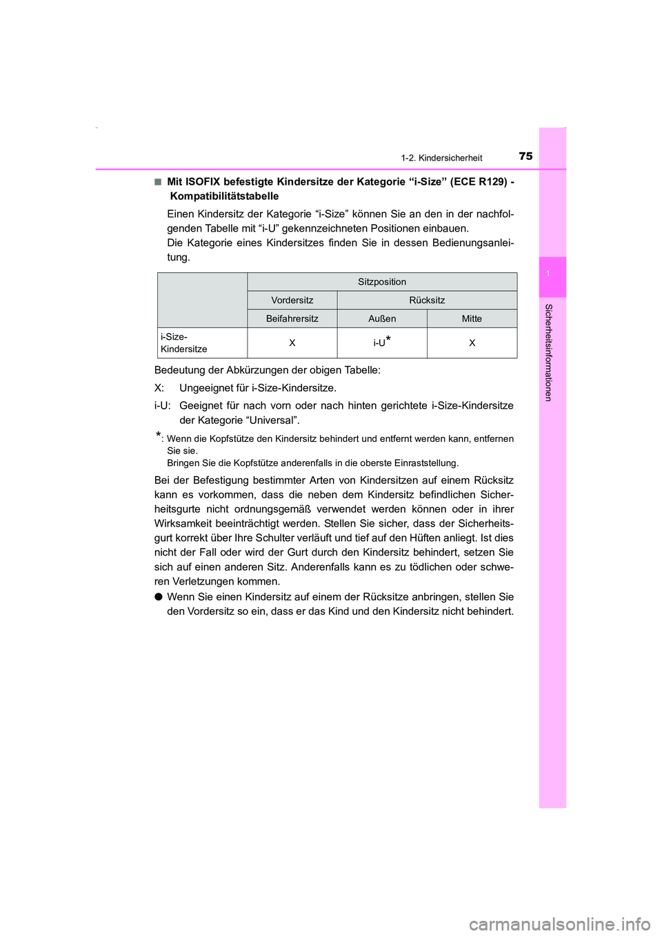 TOYOTA AVENSIS 2015  Betriebsanleitungen (in German) 751-2. Kindersicherheit
1
AVENSIS_OM_OM20C22M_(EM)
Sicherheitsinformationen
■Mit ISOFIX befestigte Kindersitze der Kategorie “i-Size” (ECE R129) -Kompatibilitätstabelle
Einen Kindersitz der Kat
