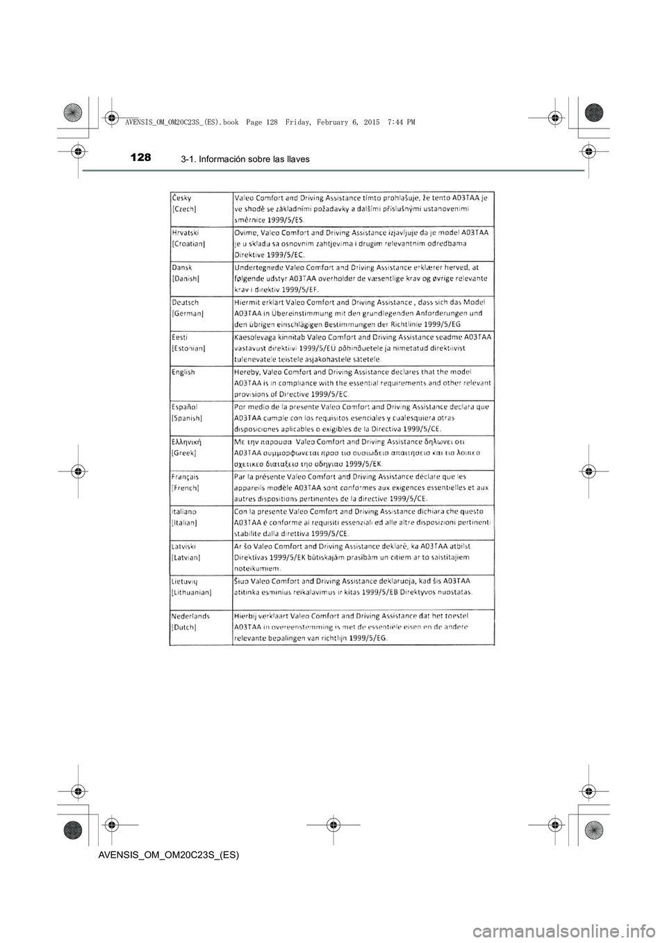 TOYOTA AVENSIS 2015  Manual del propietario (in Spanish) 1283-1. Información sobre las llaves
AVENSIS_OM_OM20C23S_(ES)
AVENSIS_OM_OM20C23S_(ES).book  Page 128  Friday, February 6, 2015  7:44 PM 
