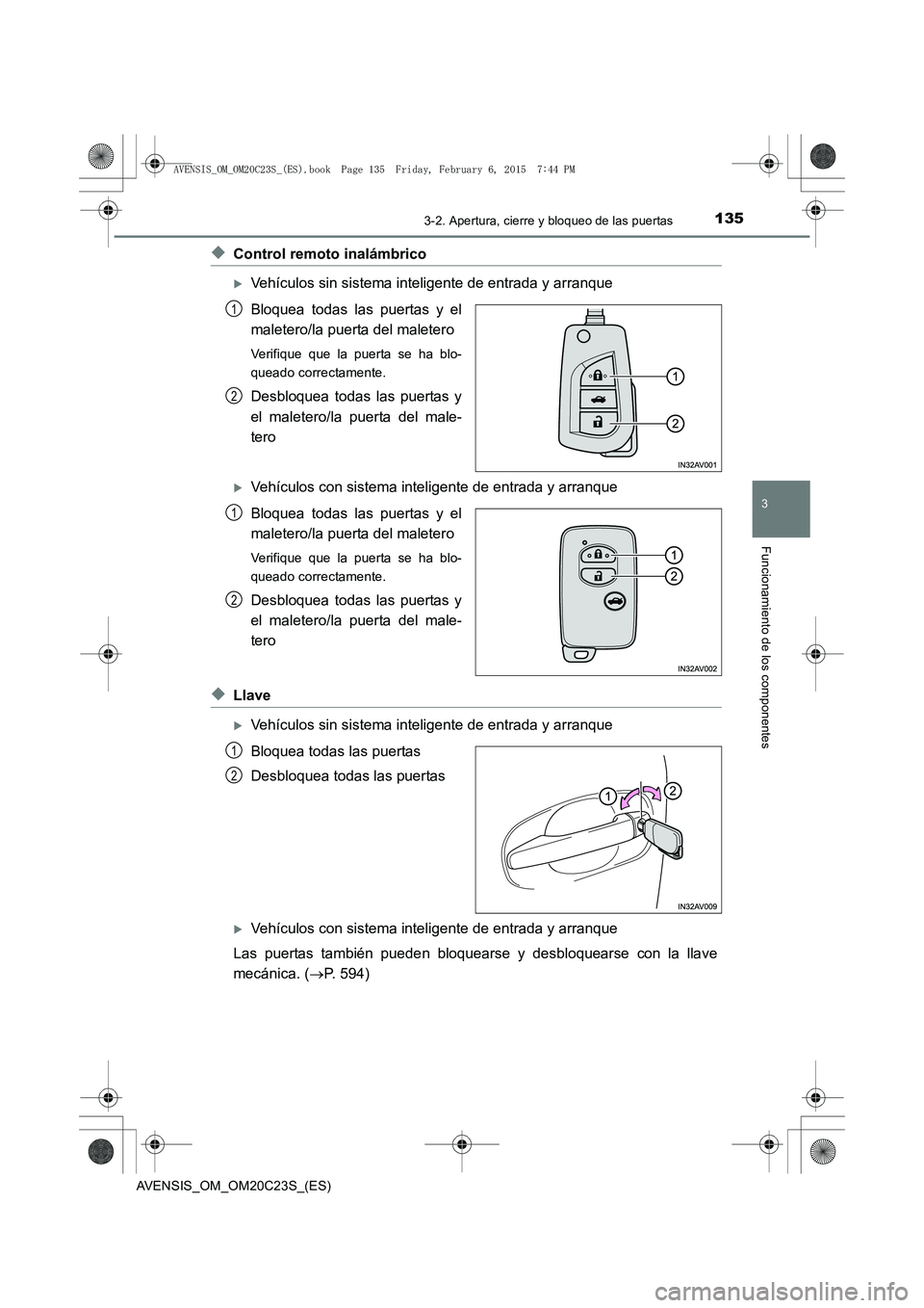 TOYOTA AVENSIS 2015  Manual del propietario (in Spanish) 1353-2. Apertura, cierre y bloqueo de las puertas
3
Funcionamiento de los componentes
AVENSIS_OM_OM20C23S_(ES)
◆Control remoto inalámbrico
�XVehículos sin sistema inteligente de entrada y arranque