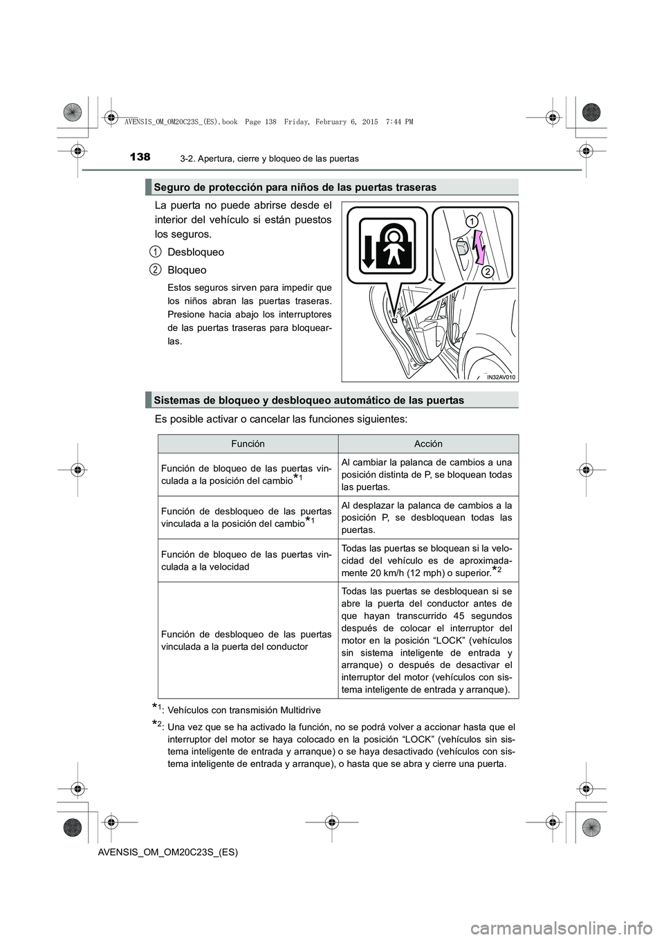 TOYOTA AVENSIS 2015  Manual del propietario (in Spanish) 1383-2. Apertura, cierre y bloqueo de las puertas
AVENSIS_OM_OM20C23S_(ES)
La puerta no puede abrirse desde el
interior del vehículo si están puestos
los seguros. Desbloqueo
Bloqueo
Estos seguros si