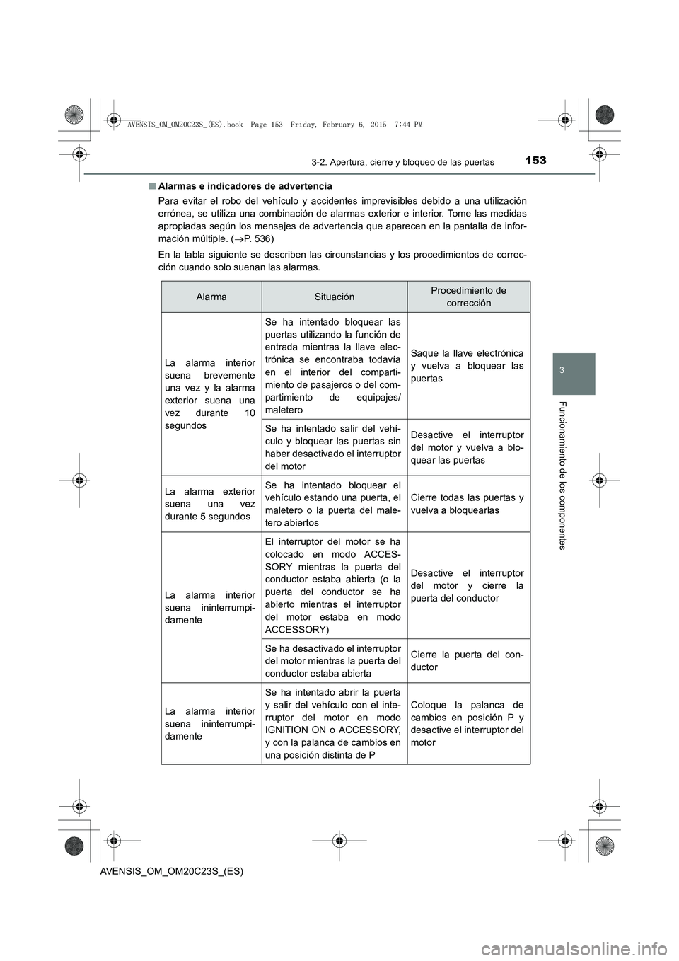 TOYOTA AVENSIS 2015  Manual del propietario (in Spanish) 1533-2. Apertura, cierre y bloqueo de las puertas
3
Funcionamiento de los componentes
AVENSIS_OM_OM20C23S_(ES)■
Alarmas e indicadores de advertencia
Para evitar el robo del vehículo y accidentes im