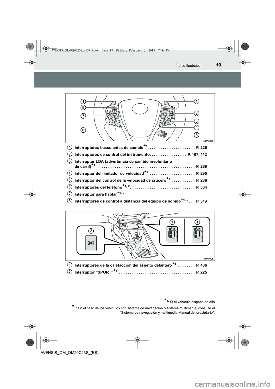 TOYOTA AVENSIS 2015  Manual del propietario (in Spanish) 19Índice ilustrado
AVENSIS_OM_OM20C23S_(ES)Interruptores basculantes de cambio
*1. . . . . . . . . . . . . . . . . . . . . .  P. 226
Interruptores de control del instrumento. . . . . . . . . . . . . 