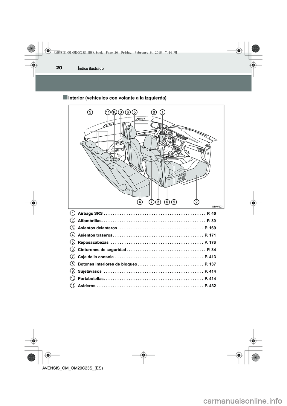 TOYOTA AVENSIS 2015  Manual del propietario (in Spanish) 20Índice ilustrado
AVENSIS_OM_OM20C23S_(ES)
■Interior (vehículos con volante a la izquierda)
Airbags SRS . . . . . . . . . . . . . . . . . . . . . . . . . . . . . . . . . . . . . . . . . . . . .  