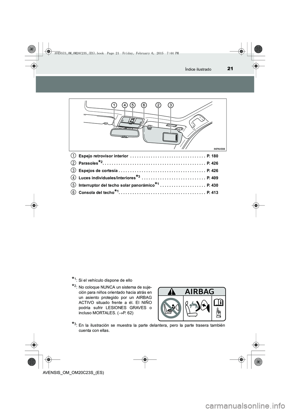 TOYOTA AVENSIS 2015 Manual del propietario (in Spanish) 21Índice ilustrado
AVENSIS_OM_OM20C23S_(ES)Espejo retrovisor interior . . . . . . . . . . . . . . . . . . . . . . . . . . . . . . . . . P. 180
Parasoles
*2. . . . . . . . . . . . . . . . . . . . . TOYOTA AVENSIS 2015 Manual del propietario (in Spanish) 21Índice ilustrado
AVENSIS_OM_OM20C23S_(ES)Espejo retrovisor interior . . . . . . . . . . . . . . . . . . . . . . . . . . . . . . . . . P. 180
Parasoles
*2. . . . . . . . . . . . . . . . . . . . .