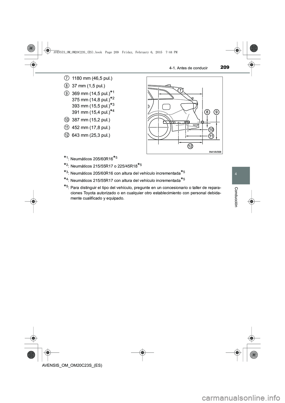 TOYOTA AVENSIS 2015  Manual del propietario (in Spanish) 2094-1. Antes de conducir
4
Conducción
AVENSIS_OM_OM20C23S_(ES)
1180 mm (46,5 pul.)
37 mm (1,5 pul.)
369 mm (14,5 pul.)
*1 
375 mm (14,8 pul.)*2 
393 mm (15,5 pul.)*3 
391 mm (15,4 pul.)*4
387 mm (15