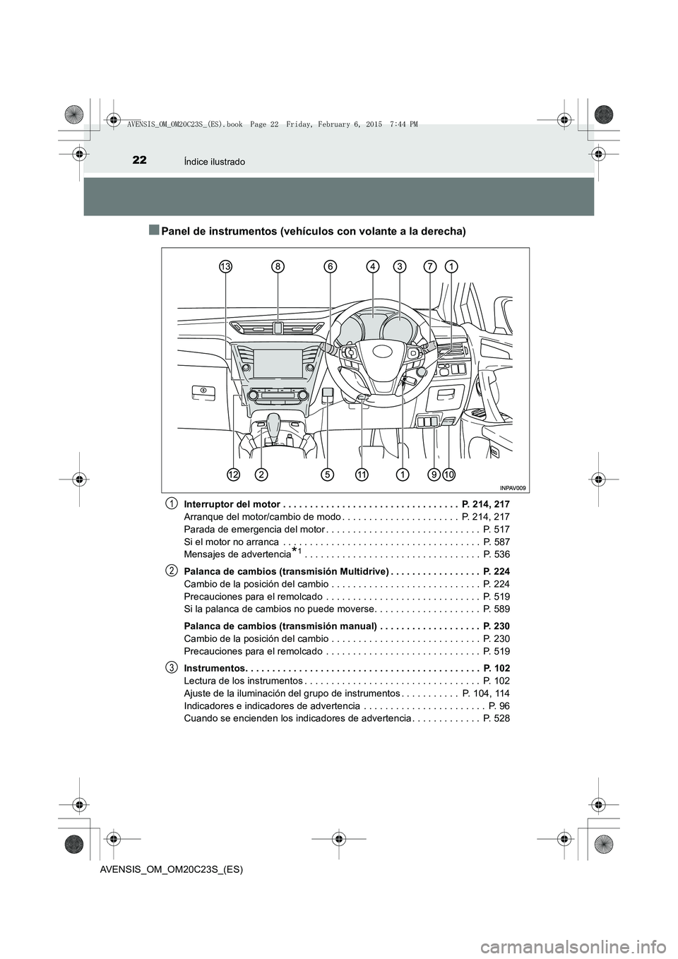 TOYOTA AVENSIS 2015 Manual del propietario (in Spanish) 22Índice ilustrado
AVENSIS_OM_OM20C23S_(ES)
■Panel de instrumentos (vehículos con volante a la derecha)
Interruptor del motor . . . . . . . . . . . . . . . . . . . . . . . . . . . . . . . . . P. TOYOTA AVENSIS 2015 Manual del propietario (in Spanish) 22Índice ilustrado
AVENSIS_OM_OM20C23S_(ES)
■Panel de instrumentos (vehículos con volante a la derecha)
Interruptor del motor . . . . . . . . . . . . . . . . . . . . . . . . . . . . . . . . . P.