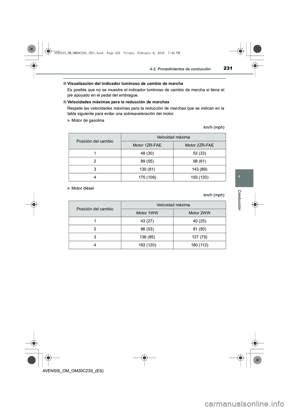 TOYOTA AVENSIS 2015  Manual del propietario (in Spanish) 2314-2. Procedimientos de conducción
4
Conducción
AVENSIS_OM_OM20C23S_(ES)
■Visualización del indicador luminoso de cambio de marcha
Es posible que no se muestre el indicador luminoso de cambio d