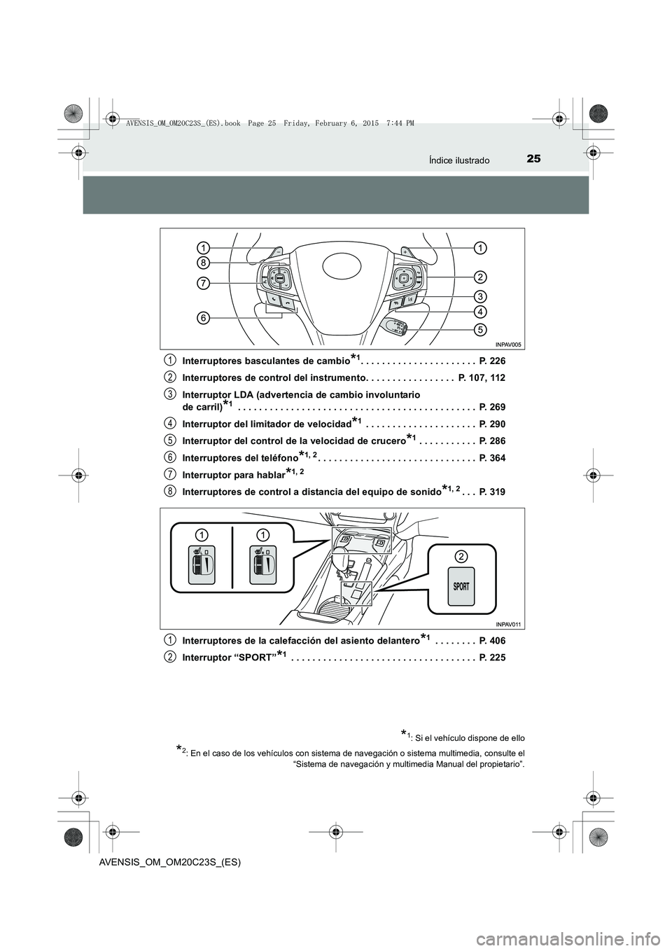 TOYOTA AVENSIS 2015 Manual del propietario (in Spanish) 25Índice ilustrado
AVENSIS_OM_OM20C23S_(ES)Interruptores basculantes de cambio
*1. . . . . . . . . . . . . . . . . . . . . . P. 226
Interruptores de control del instrumento. . . . . . . . . . . . . TOYOTA AVENSIS 2015 Manual del propietario (in Spanish) 25Índice ilustrado
AVENSIS_OM_OM20C23S_(ES)Interruptores basculantes de cambio
*1. . . . . . . . . . . . . . . . . . . . . . P. 226
Interruptores de control del instrumento. . . . . . . . . . . . .