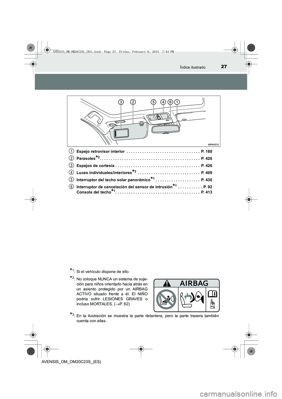 TOYOTA AVENSIS 2015 Manual del propietario (in Spanish) 27Índice ilustrado
AVENSIS_OM_OM20C23S_(ES)Espejo retrovisor interior . . . . . . . . . . . . . . . . . . . . . . . . . . . . . . . . . P. 180
Parasoles
*2. . . . . . . . . . . . . . . . . . . . . TOYOTA AVENSIS 2015 Manual del propietario (in Spanish) 27Índice ilustrado
AVENSIS_OM_OM20C23S_(ES)Espejo retrovisor interior . . . . . . . . . . . . . . . . . . . . . . . . . . . . . . . . . P. 180
Parasoles
*2. . . . . . . . . . . . . . . . . . . . .