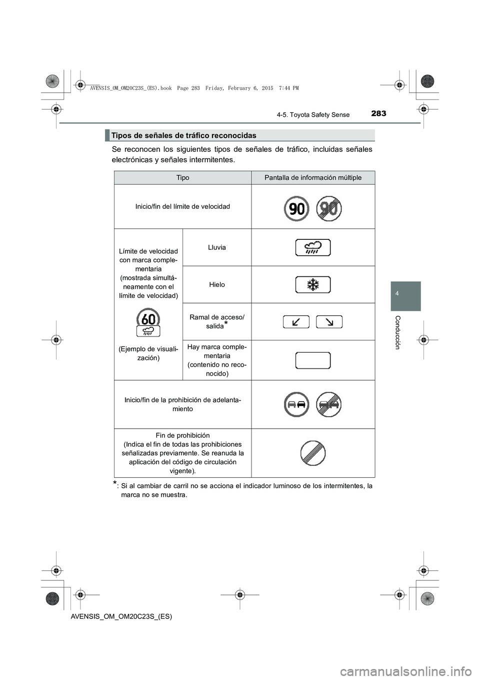 TOYOTA AVENSIS 2015 Manual del propietario (in Spanish) 2834-5. Toyota Safety Sense
4
Conducción
AVENSIS_OM_OM20C23S_(ES)
Se reconocen los siguientes tipos de señales de tráfico, incluidas señales
electrónicas y señales intermitentes.
*: Si al cambia TOYOTA AVENSIS 2015 Manual del propietario (in Spanish) 2834-5. Toyota Safety Sense
4
Conducción
AVENSIS_OM_OM20C23S_(ES)
Se reconocen los siguientes tipos de señales de tráfico, incluidas señales
electrónicas y señales intermitentes.
*: Si al cambia