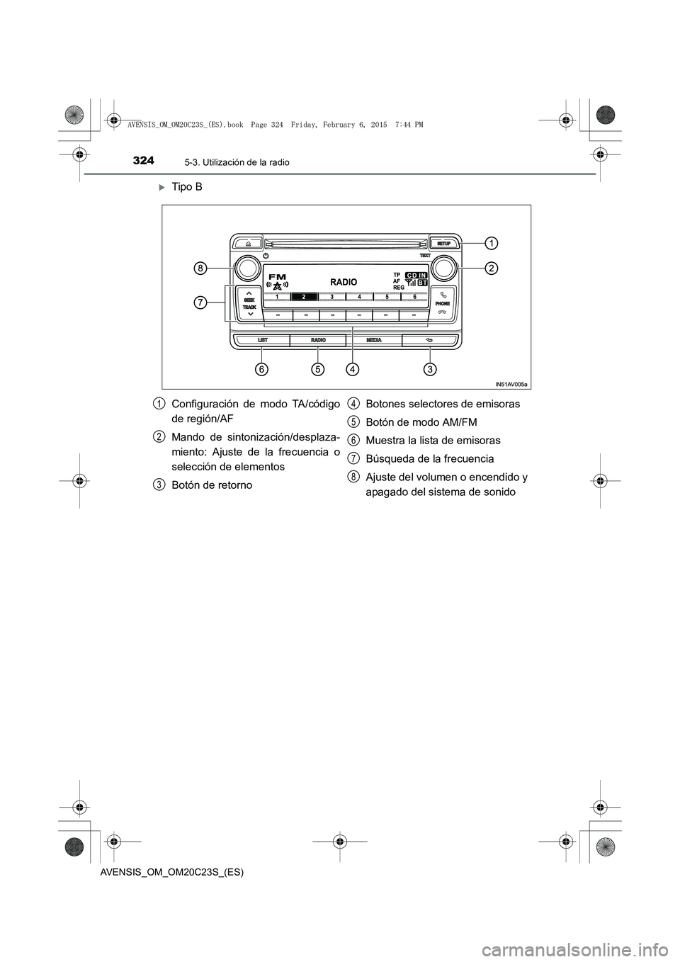 TOYOTA AVENSIS 2015  Manual del propietario (in Spanish) 3245-3. Utilización de la radio
AVENSIS_OM_OM20C23S_(ES)
�XTipo B
Configuración de modo TA/código
de región/AF
Mando de sintonización/desplaza-
miento: Ajuste de la frecuencia o
selección de ele