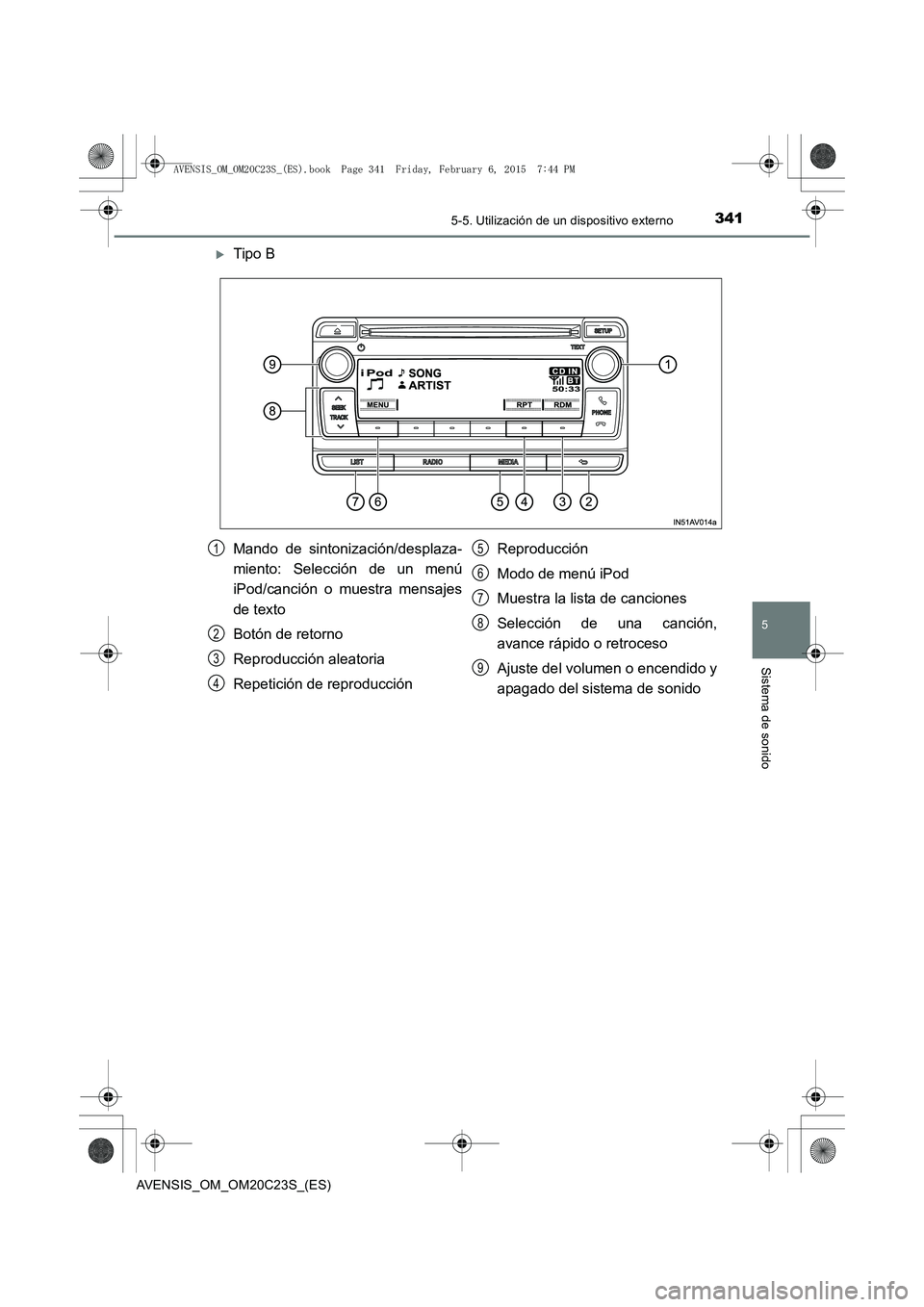 TOYOTA AVENSIS 2015  Manual del propietario (in Spanish) 3415-5. Utilización de un dispositivo externo
5
Sistema de sonido
AVENSIS_OM_OM20C23S_(ES)
�XTipo B
Mando de sintonización/desplaza-
miento: Selección de un menú
iPod/canción o muestra mensajes
d