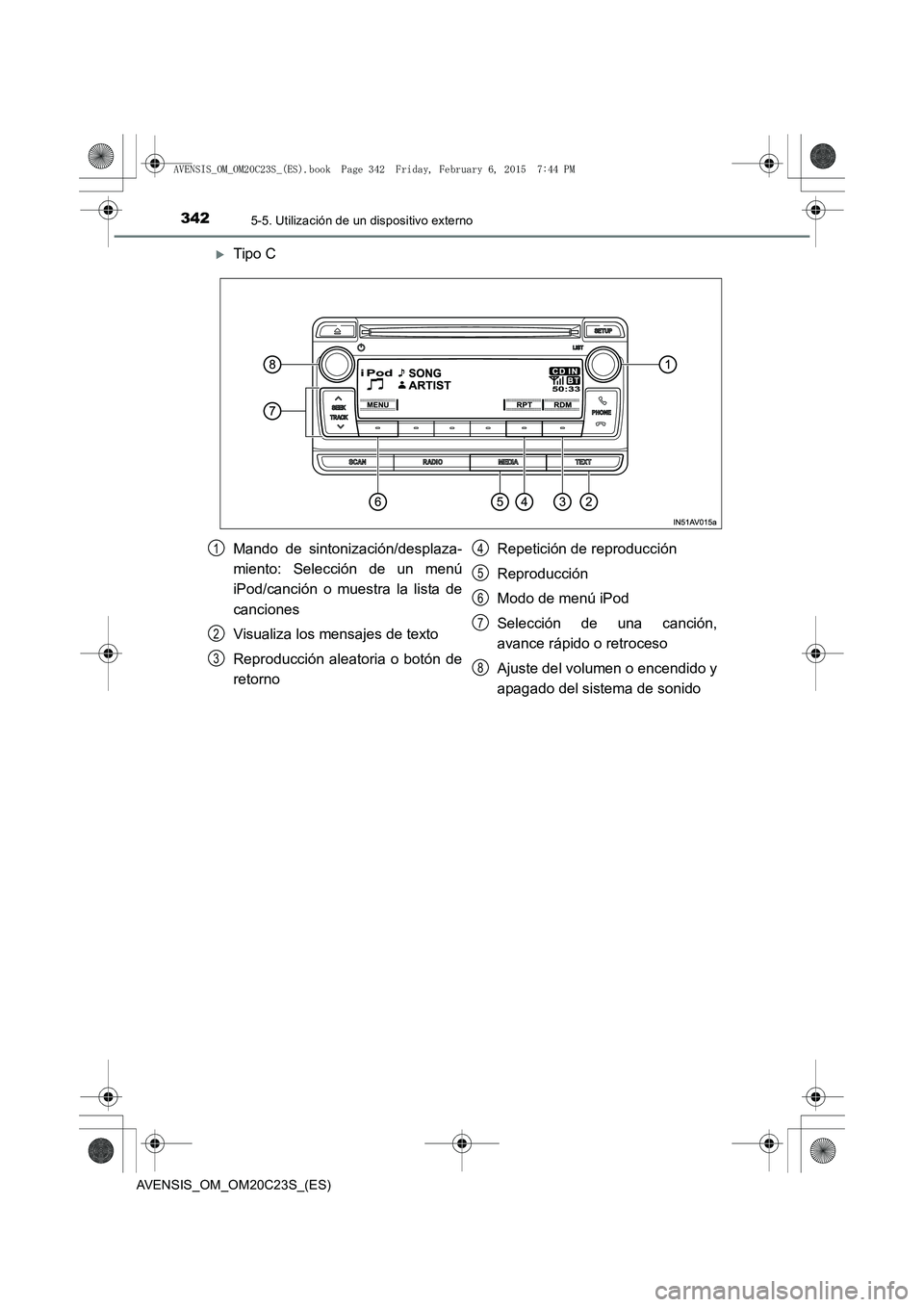 TOYOTA AVENSIS 2015  Manual del propietario (in Spanish) 3425-5. Utilización de un dispositivo externo
AVENSIS_OM_OM20C23S_(ES)
�XTipo C
Mando de sintonización/desplaza-
miento: Selección de un menú
iPod/canción o muestra la lista de
canciones
Visualiz