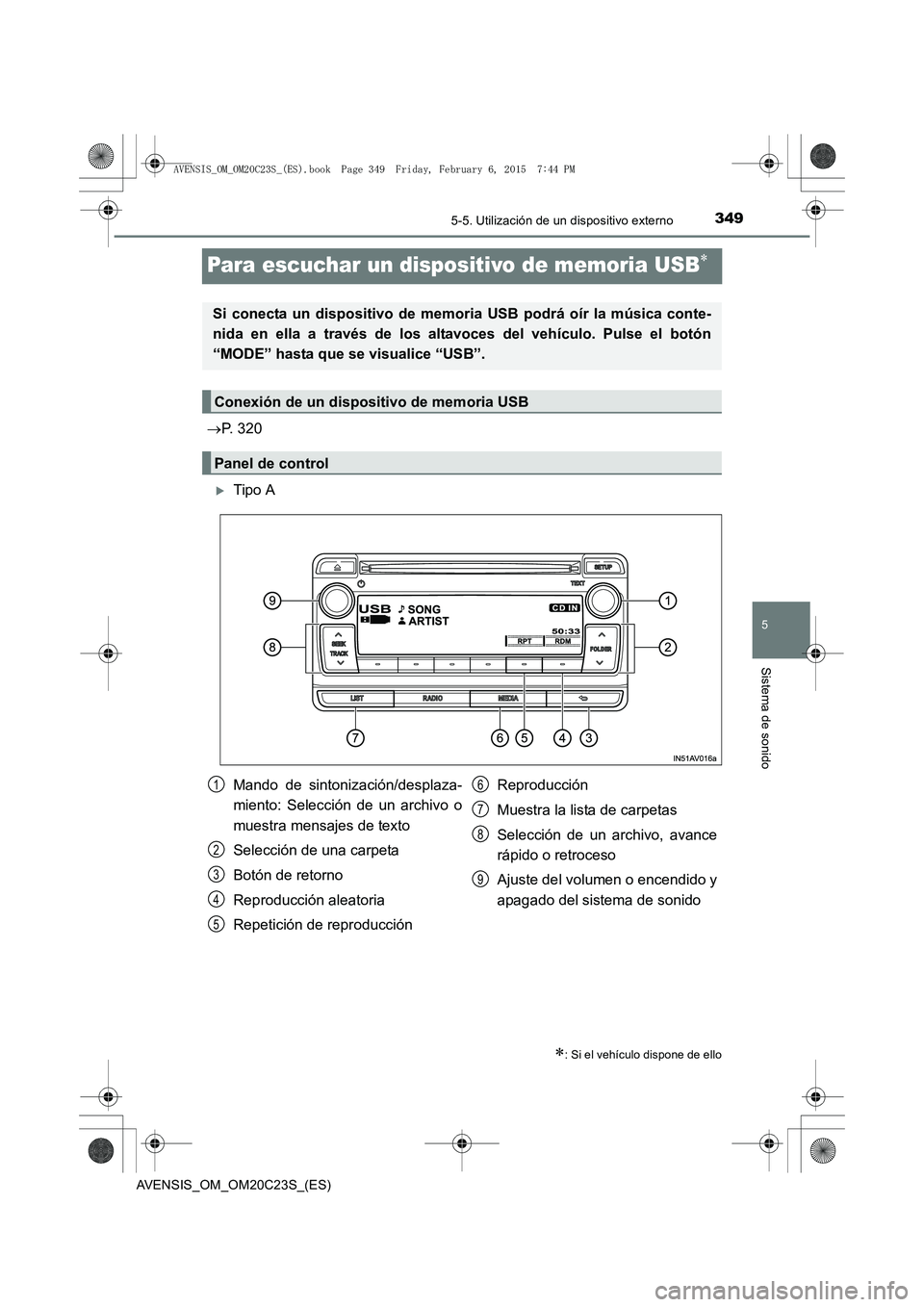 TOYOTA AVENSIS 2015  Manual del propietario (in Spanish) 349
5
5-5. Utilización de un dispositivo externo
Sistema de sonido
AVENSIS_OM_OM20C23S_(ES)
Para escuchar un dispositivo de memoria USB∗
→P. 320
�XTipo A
∗: Si el vehículo dispone de ello
Si c