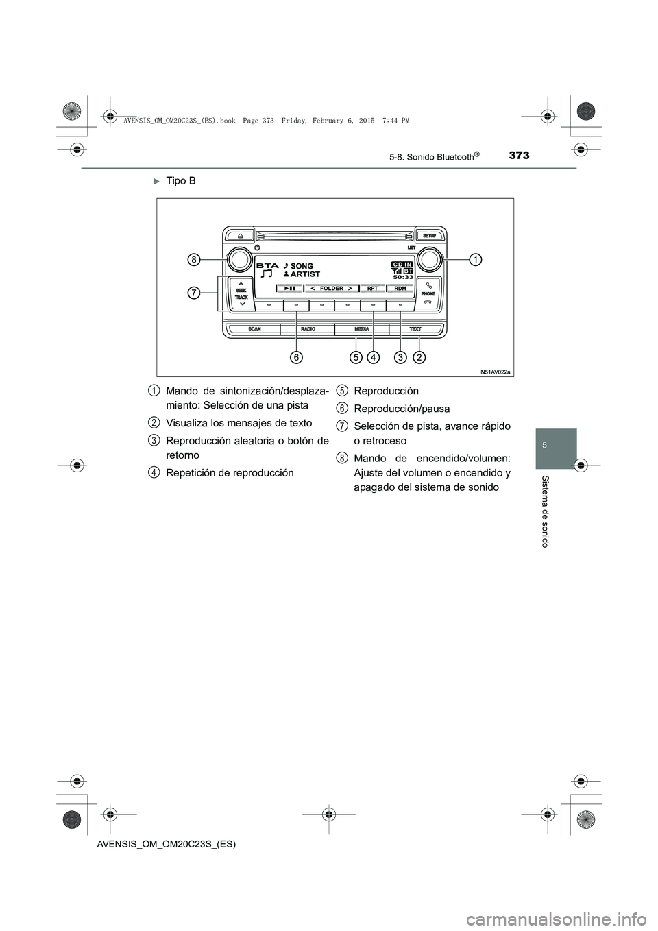 TOYOTA AVENSIS 2015  Manual del propietario (in Spanish) 3735-8. Sonido Bluetooth®
5
Sistema de sonido
AVENSIS_OM_OM20C23S_(ES)
�XTipo B
Mando de sintonización/desplaza-
miento: Selección de una pista
Visualiza los mensajes de texto
Reproducción aleator