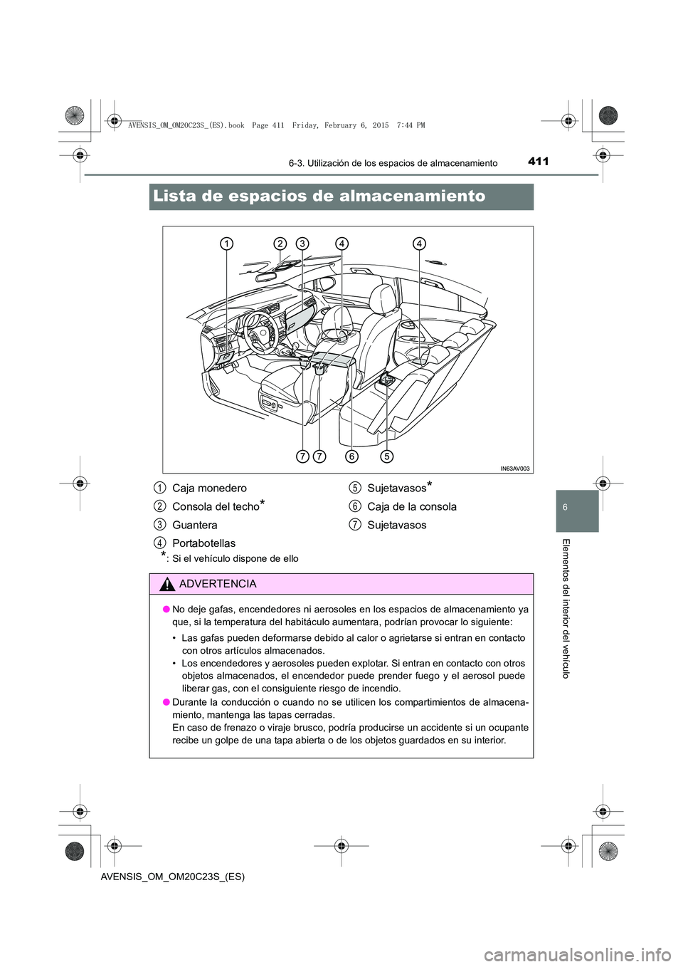 TOYOTA AVENSIS 2015  Manual del propietario (in Spanish) 4116-3. Utilización de los espacios de almacenamiento
AVENSIS_OM_OM20C23S_(ES)
6
Elementos del interior del vehículo
Lista de espacios de almacenamiento
*: Si el vehículo dispone de ello
Caja moned