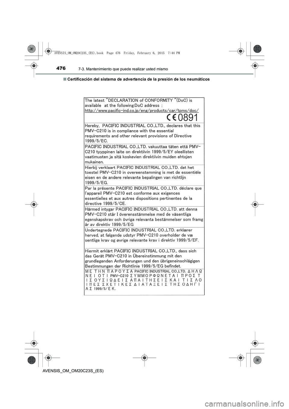 TOYOTA AVENSIS 2015  Manual del propietario (in Spanish) 4767-3. Mantenimiento que puede realizar usted mismo
AVENSIS_OM_OM20C23S_(ES)■
Certificación del sistema de advertencia de la presión de los neumáticos
AVENSIS_OM_OM20C23S_(ES).book  Page 476  Fr
