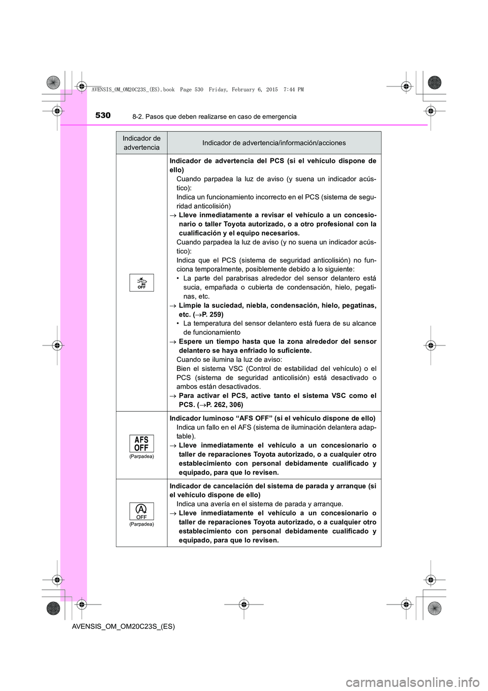 TOYOTA AVENSIS 2015 Manual del propietario (in Spanish) 5308-2. Pasos que deben realizarse en caso de emergencia
AVENSIS_OM_OM20C23S_(ES)
Indicador de advertencia del PCS (si el vehículo dispone de
ello) Cuando parpadea la luz de aviso (y suena un indicad TOYOTA AVENSIS 2015 Manual del propietario (in Spanish) 5308-2. Pasos que deben realizarse en caso de emergencia
AVENSIS_OM_OM20C23S_(ES)
Indicador de advertencia del PCS (si el vehículo dispone de
ello) Cuando parpadea la luz de aviso (y suena un indicad