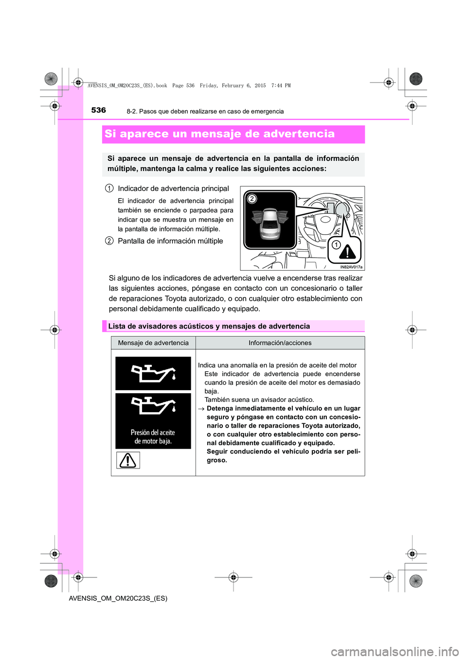 TOYOTA AVENSIS 2015 Manual del propietario (in Spanish) 5368-2. Pasos que deben realizarse en caso de emergencia
AVENSIS_OM_OM20C23S_(ES)
Si aparece un mensaje de advertencia
Indicador de advertencia principal
El indicador de advertencia principal
también TOYOTA AVENSIS 2015 Manual del propietario (in Spanish) 5368-2. Pasos que deben realizarse en caso de emergencia
AVENSIS_OM_OM20C23S_(ES)
Si aparece un mensaje de advertencia
Indicador de advertencia principal
El indicador de advertencia principal
también