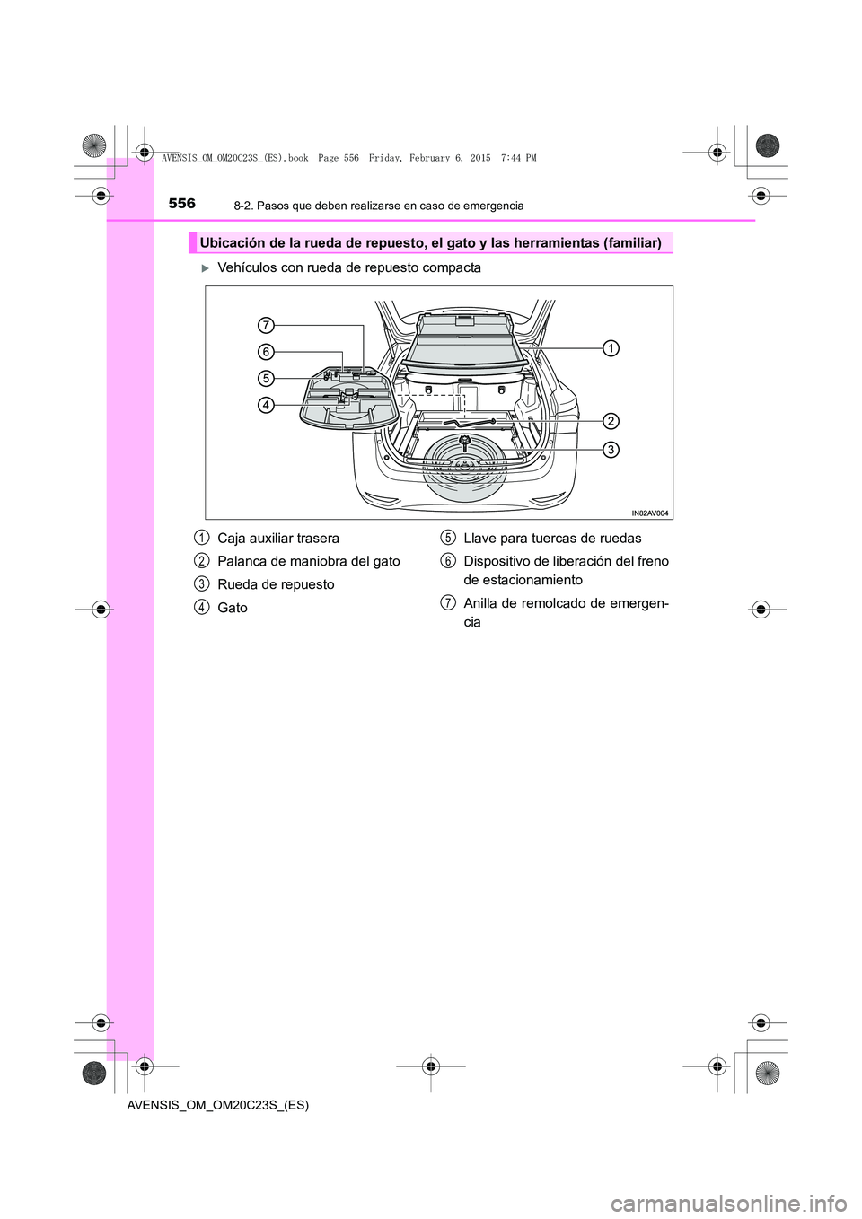TOYOTA AVENSIS 2015  Manual del propietario (in Spanish) 5568-2. Pasos que deben realizarse en caso de emergencia
AVENSIS_OM_OM20C23S_(ES)
�XVehículos con rueda de repuesto compacta
Ubicación de la rueda de repuesto, el gato y las herramientas (familiar)

