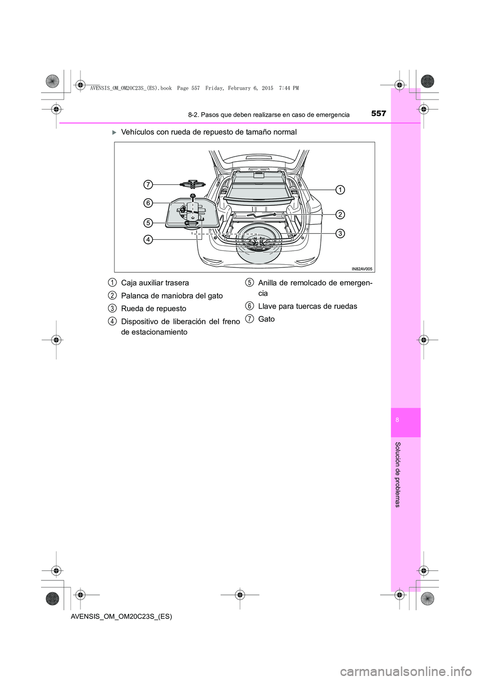 TOYOTA AVENSIS 2015  Manual del propietario (in Spanish) 5578-2. Pasos que deben realizarse en caso de emergencia
AVENSIS_OM_OM20C23S_(ES)
8
Solución de problemas
�XVehículos con rueda de repuesto de tamaño normal
Caja auxiliar trasera
Palanca de maniobr