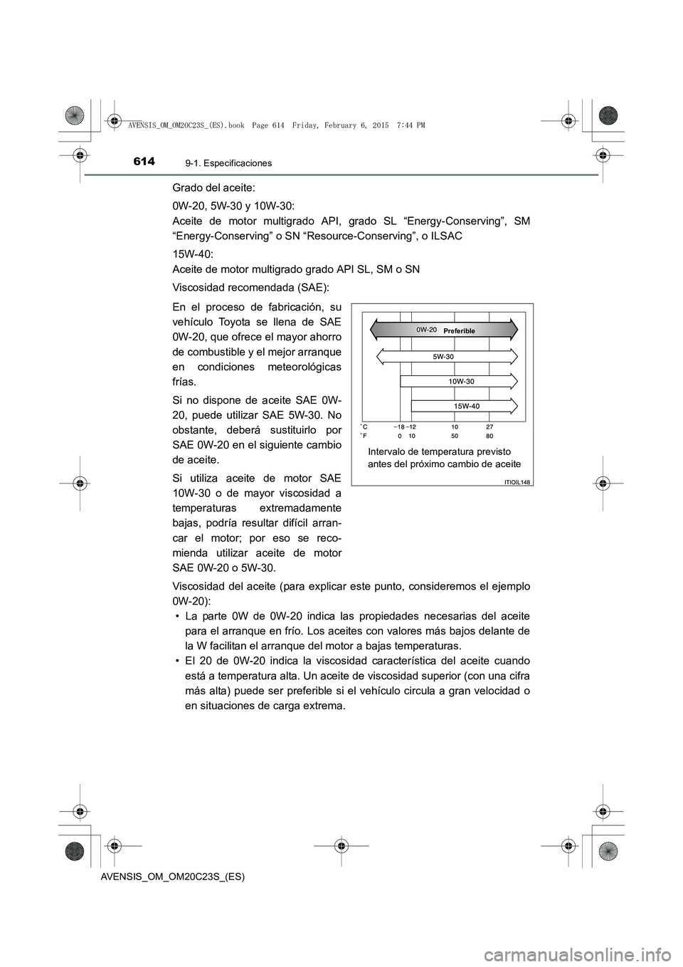 TOYOTA AVENSIS 2015  Manual del propietario (in Spanish) 6149-1. Especificaciones
AVENSIS_OM_OM20C23S_(ES)
Grado del aceite:
0W-20, 5W-30 y 10W-30: 
Aceite de motor multigrado API, grado SL “Energy-Conserving”, SM
“Energy-Conserving” o SN “R esour
