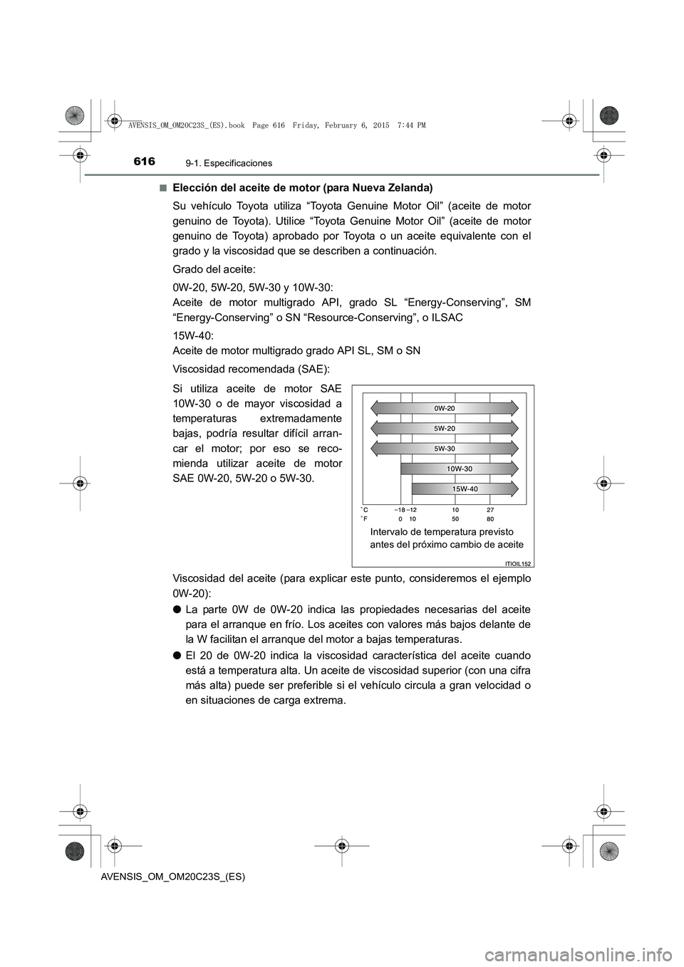 TOYOTA AVENSIS 2015  Manual del propietario (in Spanish) 6169-1. Especificaciones
AVENSIS_OM_OM20C23S_(ES)■
Elección del aceite de motor (para Nueva Zelanda)
Su vehículo Toyota utiliza “Toyota Genuine Motor Oil” (aceite de motor
genuino de Toyota). 
