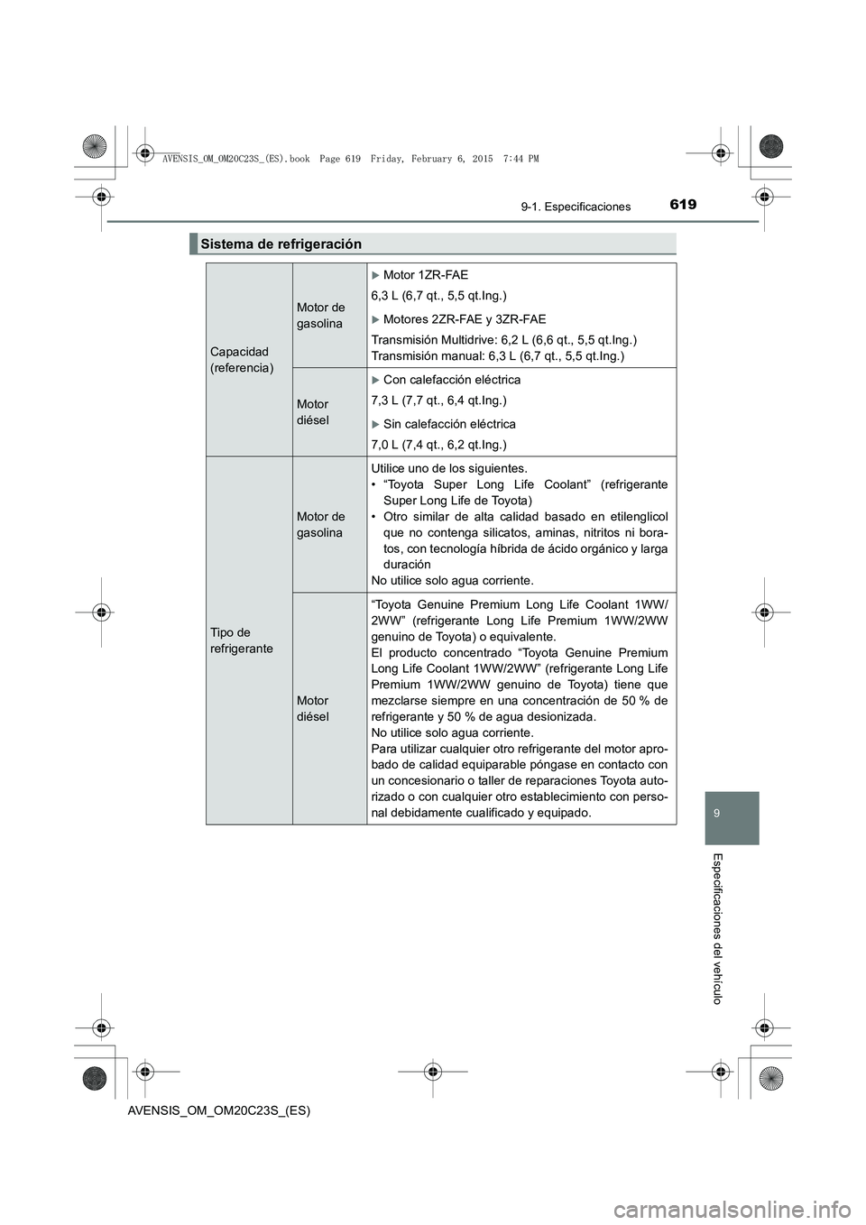 TOYOTA AVENSIS 2015  Manual del propietario (in Spanish) 6199-1. Especificaciones
AVENSIS_OM_OM20C23S_(ES)
9
Especificaciones del vehículo
Sistema de refrigeración
Capacidad 
(referencia)
Motor de 
gasolina
�XMotor 1ZR-FAE
6,3 L (6,7 qt., 5,5 qt.Ing.)
�XM