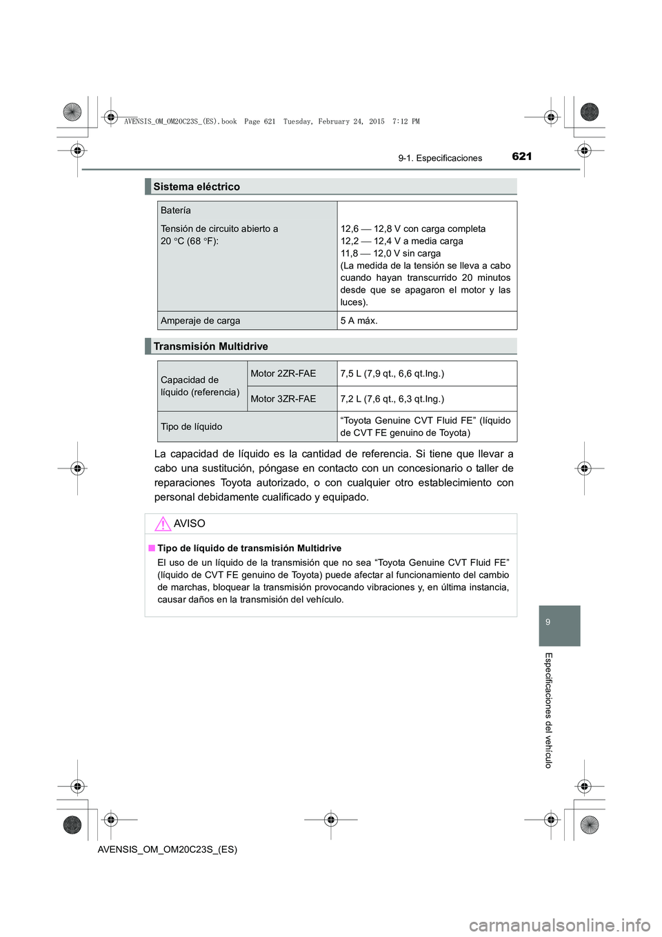 TOYOTA AVENSIS 2015 Manual del propietario (in Spanish) 6219-1. Especificaciones
AVENSIS_OM_OM20C23S_(ES)
9
Especificaciones del vehículo
La capacidad de líquido es la cantidad de referencia. Si tiene que llevar a
cabo una sustitución, póngase en conta TOYOTA AVENSIS 2015 Manual del propietario (in Spanish) 6219-1. Especificaciones
AVENSIS_OM_OM20C23S_(ES)
9
Especificaciones del vehículo
La capacidad de líquido es la cantidad de referencia. Si tiene que llevar a
cabo una sustitución, póngase en conta