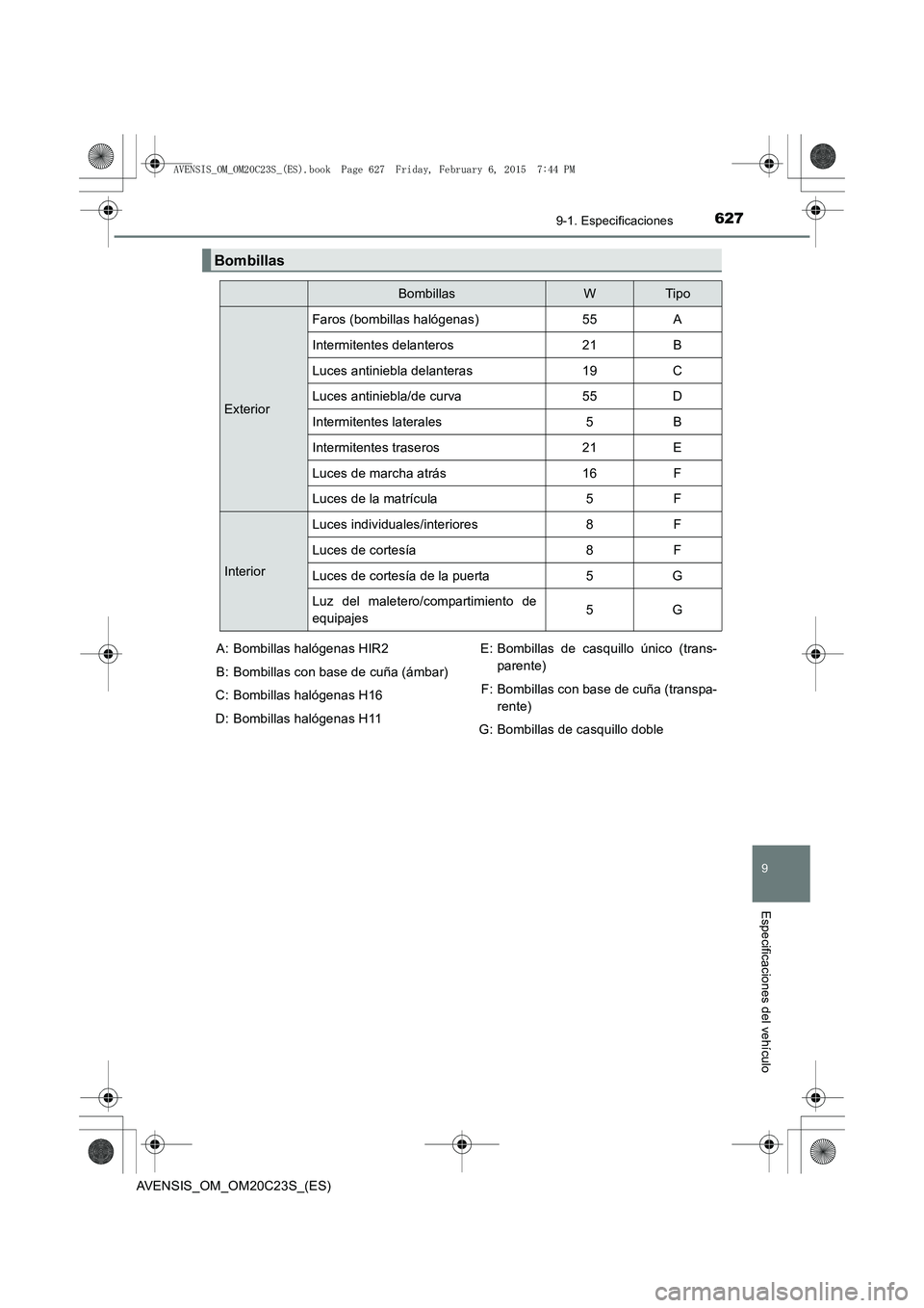 TOYOTA AVENSIS 2015  Manual del propietario (in Spanish) 6279-1. Especificaciones
AVENSIS_OM_OM20C23S_(ES)
9
Especificaciones del vehículo
Bombillas
BombillasWTip o
ExteriorFaros (bombillas halógenas) 55 A
Intermitentes delanteros 21 B
Luces antiniebla de