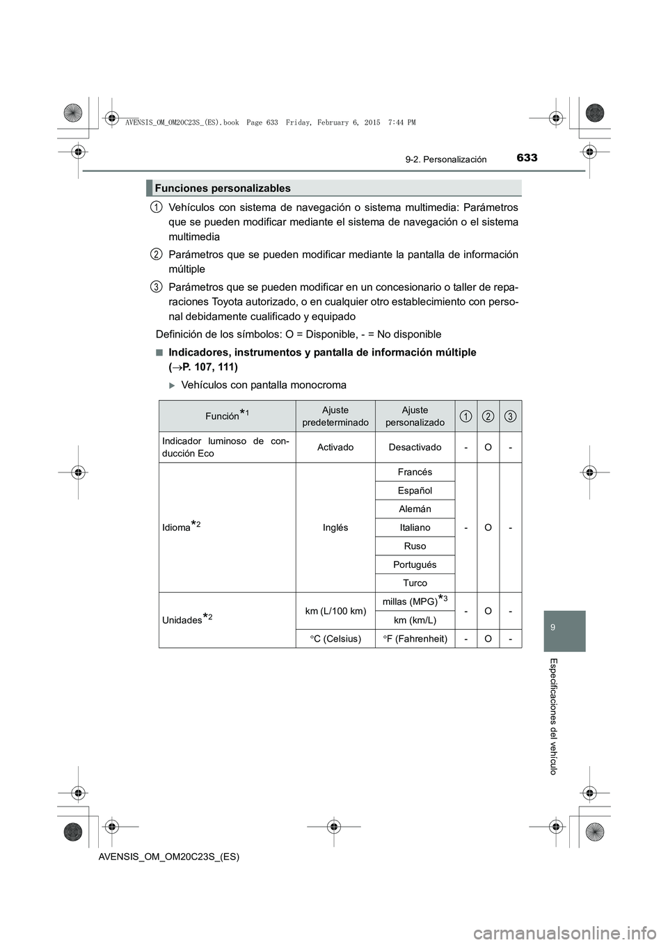 TOYOTA AVENSIS 2015  Manual del propietario (in Spanish) 6339-2. Personalización
AVENSIS_OM_OM20C23S_(ES)
9
Especificaciones del vehículo
Vehículos con sistema de navegación o sistema multimedia: Parámetros
que se pueden modificar mediante el sistema d