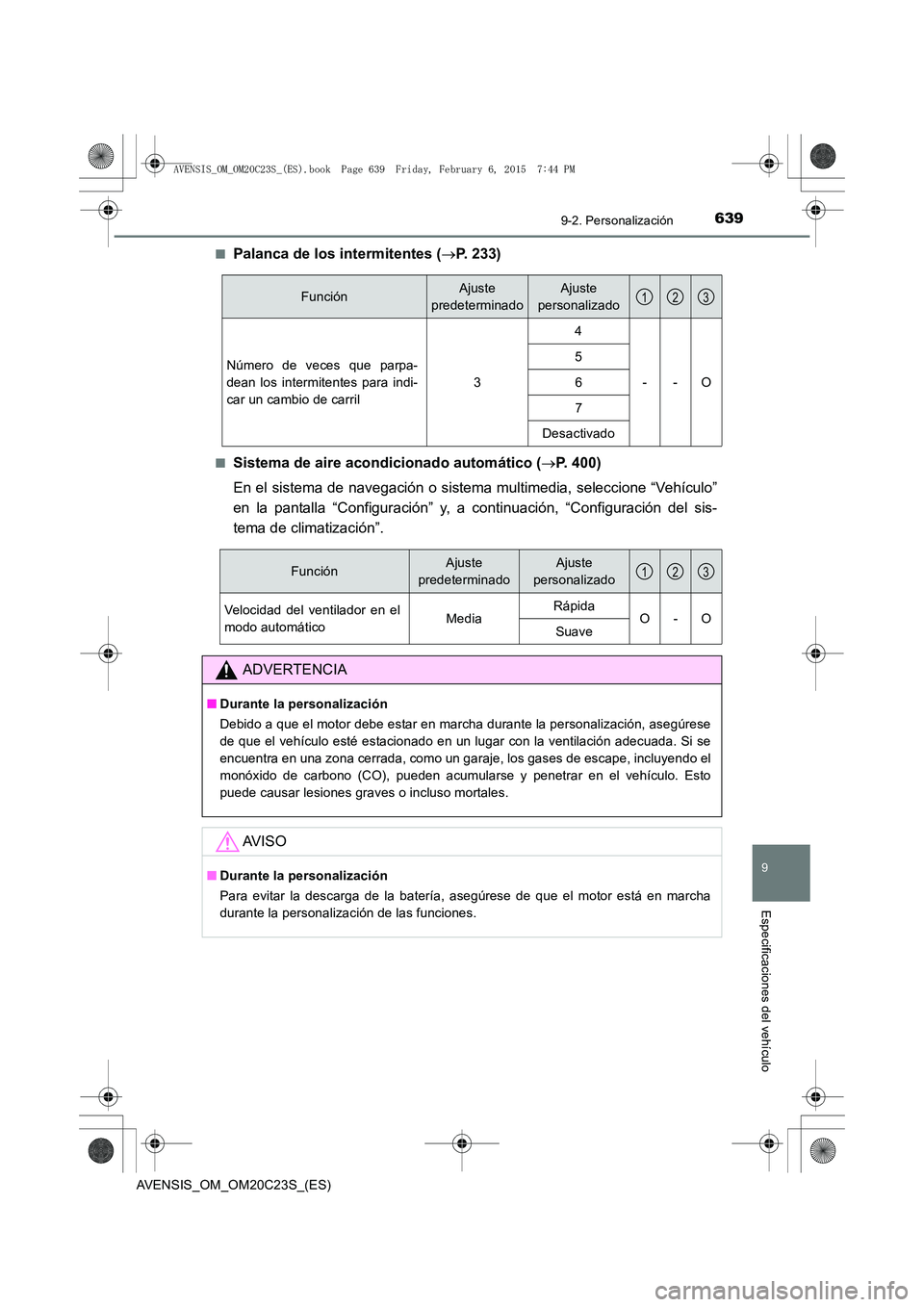 TOYOTA AVENSIS 2015  Manual del propietario (in Spanish) 6399-2. Personalización
AVENSIS_OM_OM20C23S_(ES)
9
Especificaciones del vehículo
■Palanca de los intermitentes (→P. 233)
■Sistema de aire acondicionado automático ( →P. 400)
En el sistema d