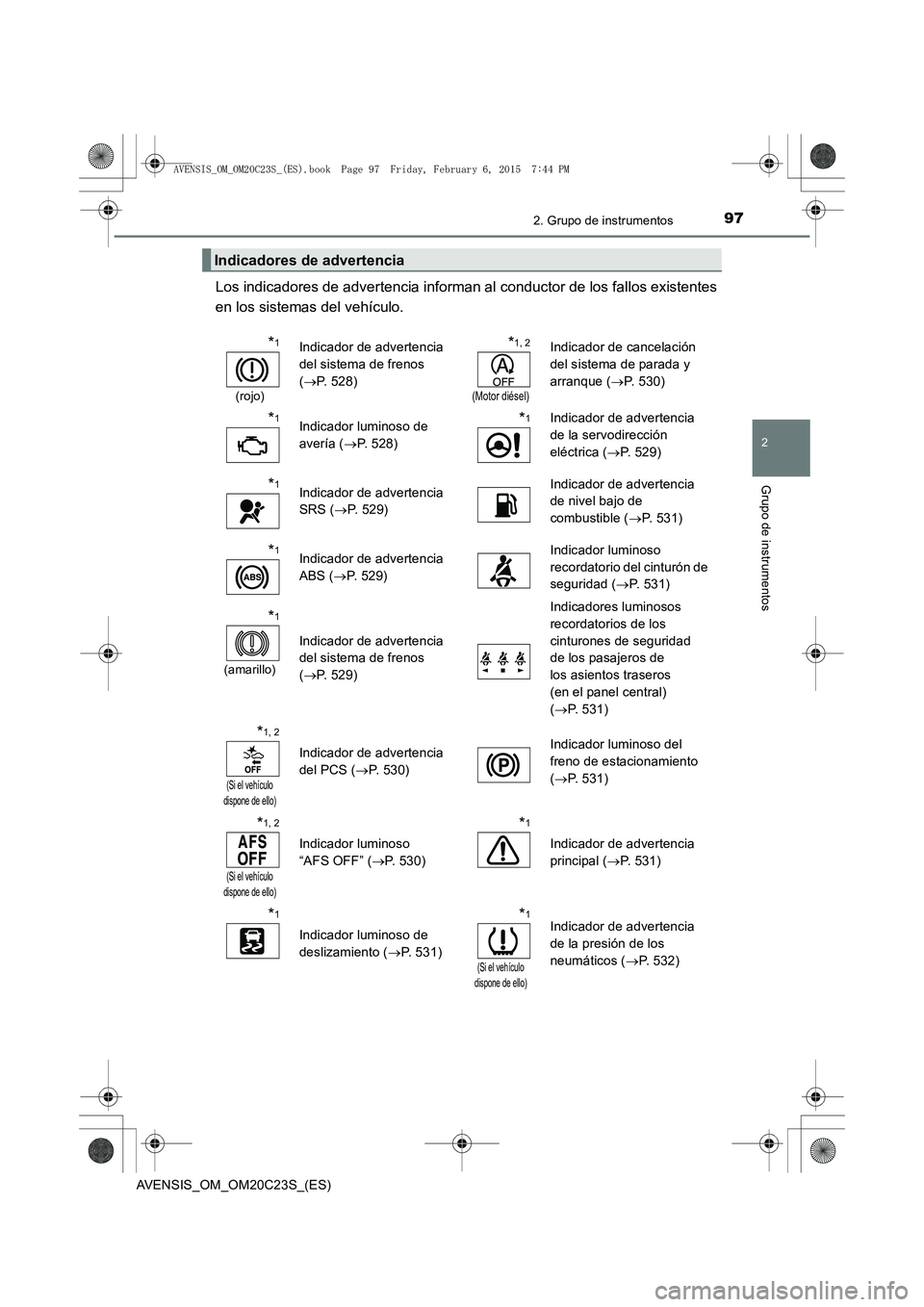 TOYOTA AVENSIS 2015  Manual del propietario (in Spanish) 972. Grupo de instrumentos
2
Grupo de instrumentos
AVENSIS_OM_OM20C23S_(ES)
Los indicadores de advertencia informan al conductor de los fallos existentes
en los sistemas del vehículo.
Indicadores de 