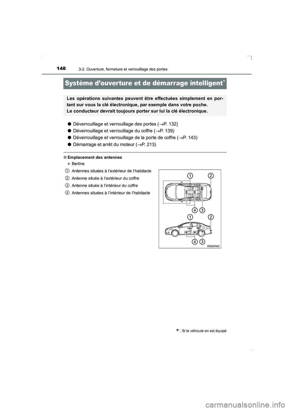 TOYOTA AVENSIS 2015  Manuel du propriétaire (in French) 1483-2. Ouverture, fermeture et verrouillage des portes
AVENSIS_OM_OM20C21K_(EK)
Système d’ouverture et de démarrage intelligent∗
●Déverrouillage et verrouillage des portes ( →P. 132)
● D