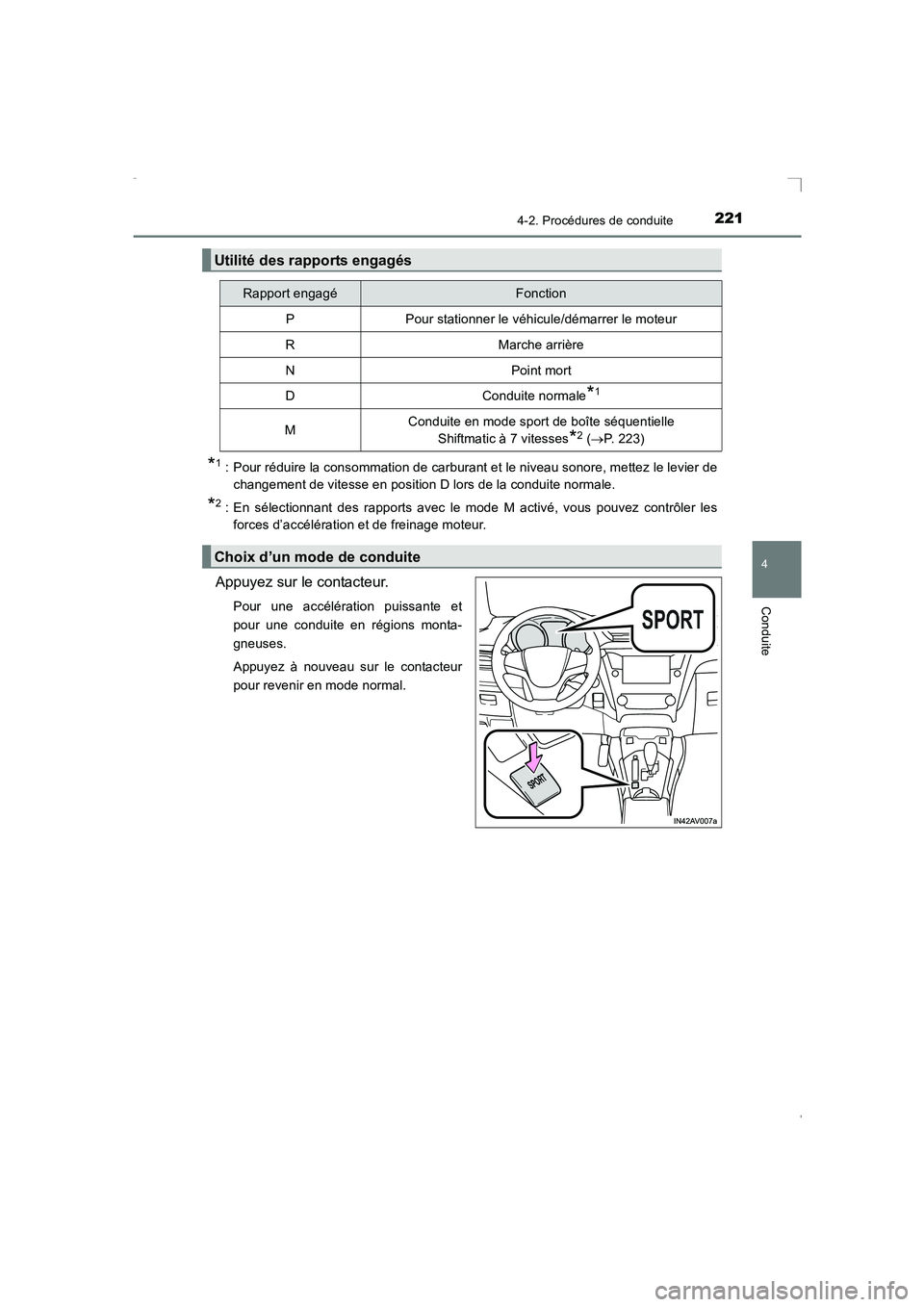TOYOTA AVENSIS 2015 Manuel du propriétaire (in French) 2214-2. Procédures de conduite
4
Conduite
AVENSIS_OM_OM20C21K_(EK)
*1 : Pour réduire la consommation de carburant et le niveau sonore, mettez le levier dechangement de vitesse en position D lors de TOYOTA AVENSIS 2015 Manuel du propriétaire (in French) 2214-2. Procédures de conduite
4
Conduite
AVENSIS_OM_OM20C21K_(EK)
*1 : Pour réduire la consommation de carburant et le niveau sonore, mettez le levier dechangement de vitesse en position D lors de