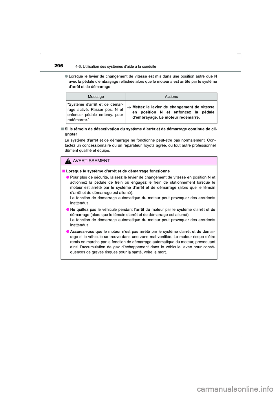 TOYOTA AVENSIS 2015 Manuel du propriétaire (in French) 2964-6. Utilisation des systèmes d’aide à la conduite
AVENSIS_OM_OM20C21K_(EK)●
Lorsque le levier de changement de vitesse est mis dans une position autre que N
avec la pédale d’embrayage rel TOYOTA AVENSIS 2015 Manuel du propriétaire (in French) 2964-6. Utilisation des systèmes d’aide à la conduite
AVENSIS_OM_OM20C21K_(EK)●
Lorsque le levier de changement de vitesse est mis dans une position autre que N
avec la pédale d’embrayage rel