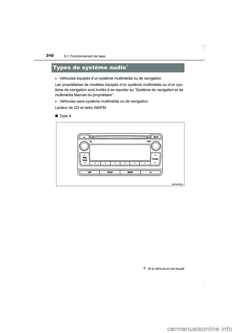 TOYOTA AVENSIS 2015  Manuel du propriétaire (in French) 3105-1. Fonctionnement de base
AVENSIS_OM_OM20C21K_(EK)
Types de système audio∗
�XVéhicules équipés d’un système multimédia ou de navigation
Les propriétaires de modèles équipés d’un s