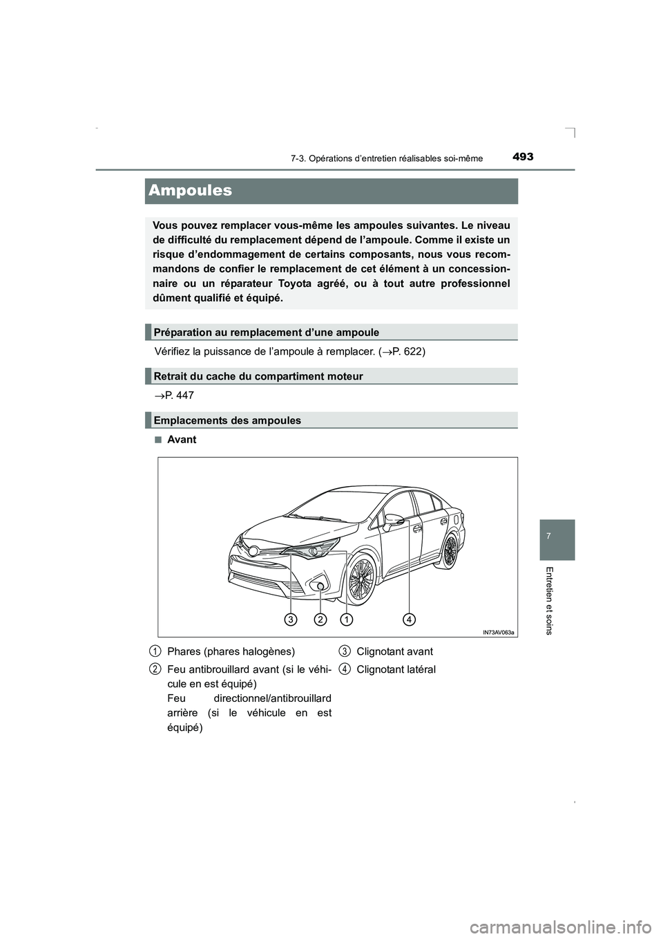 TOYOTA AVENSIS 2015  Manuel du propriétaire (in French) 4937-3. Opérations d’entretien réalisables soi-même
AVENSIS_OM_OM20C21K_(EK)
7
Entretien et soins
Ampoules
Vérifiez la puissance de l’ampoule à remplacer. (→P. 622)
→ P. 447
■Avant
Vous