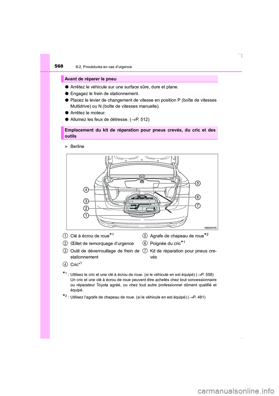 TOYOTA AVENSIS 2015  Manuel du propriétaire (in French) 5688-2. Procédures en cas d’urgence
AVENSIS_OM_OM20C21K_(EK)
●Arrêtez le véhicule sur une surface sûre, dure et plane.
● Engagez le frein de stationnement.
● Placez le levier de changement